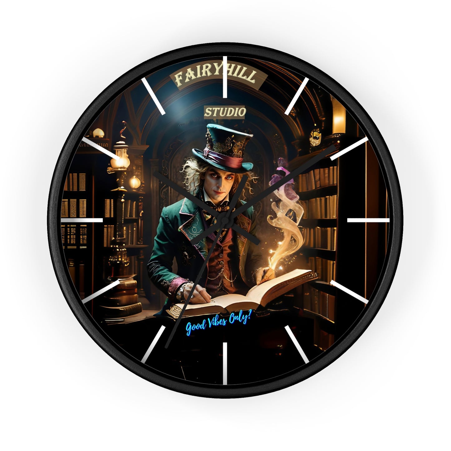 Wall Clock - &quot;Good Vibes Only&quot; Mad Hatter with Books