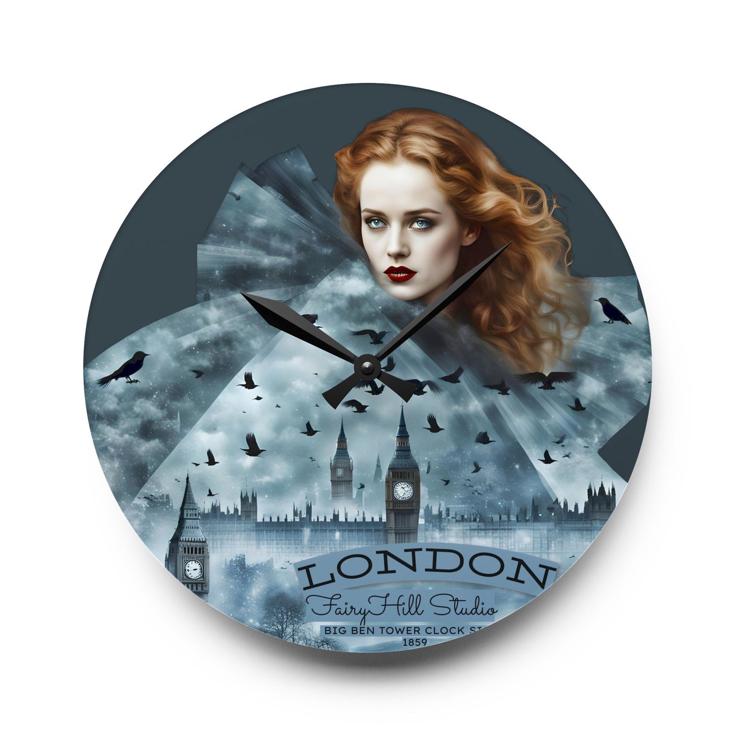 Acrylic Wall Clock -A girl in a  London city skyline at night