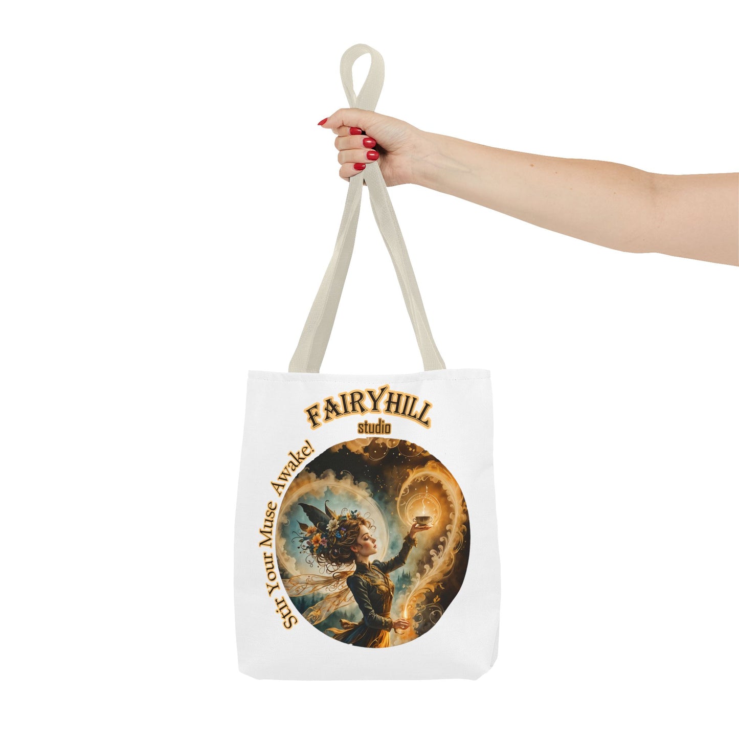 Coffee Fairy Tote Bag - 'Stir your muse awake' Quote Art by Fairyhill Studio