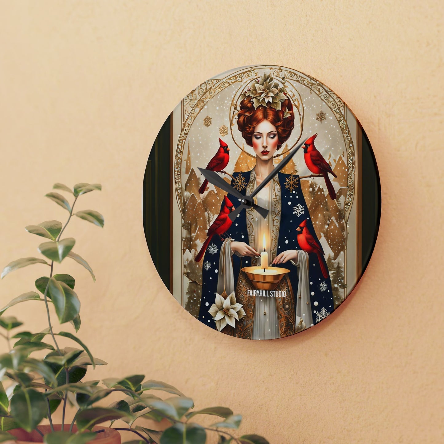 Acrylic Wall Clock - Girl with red Cardinal birds in winter