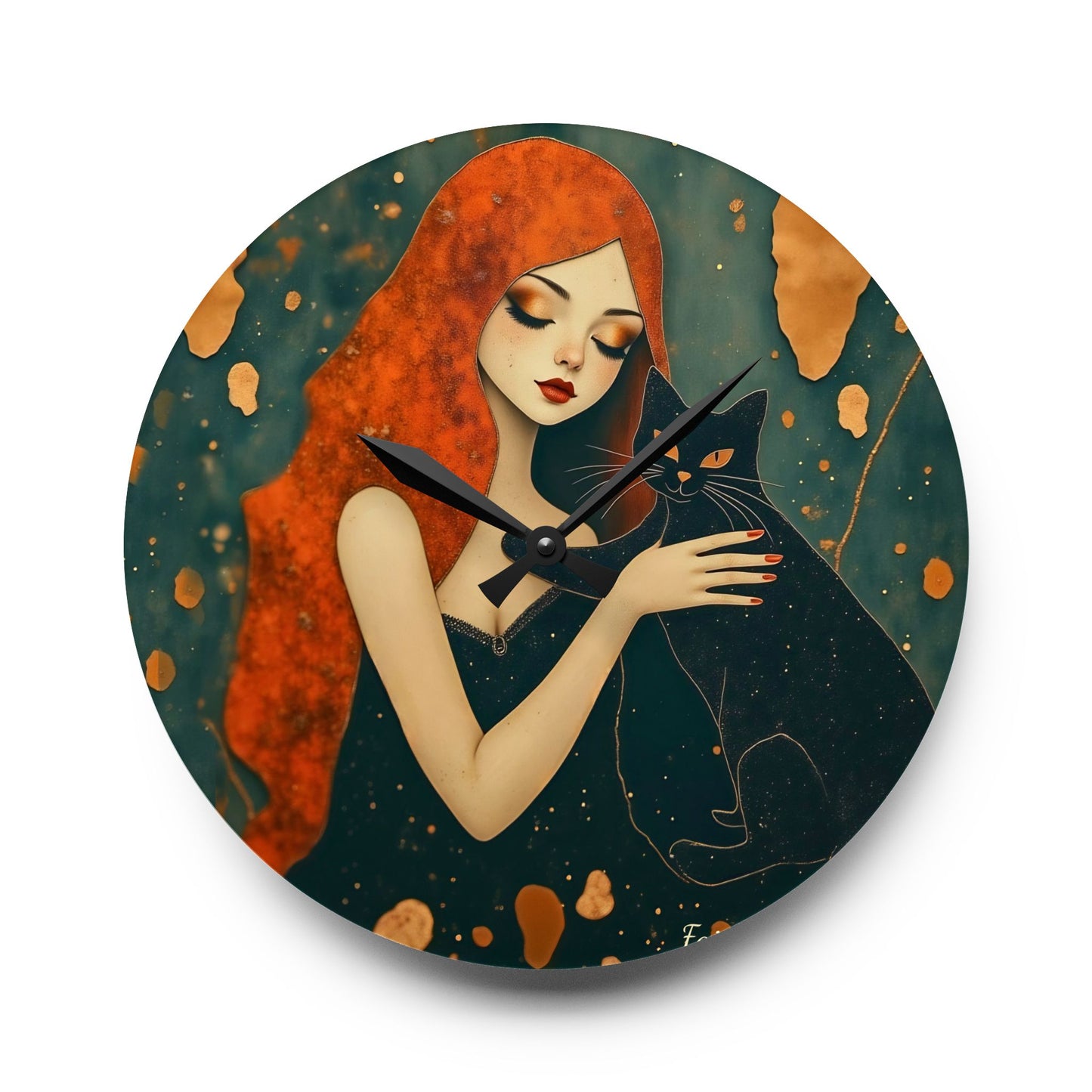 The Witching Hour Hug ,Girl with black cat   Wall clock  Gift   Acrylic Wall Clock