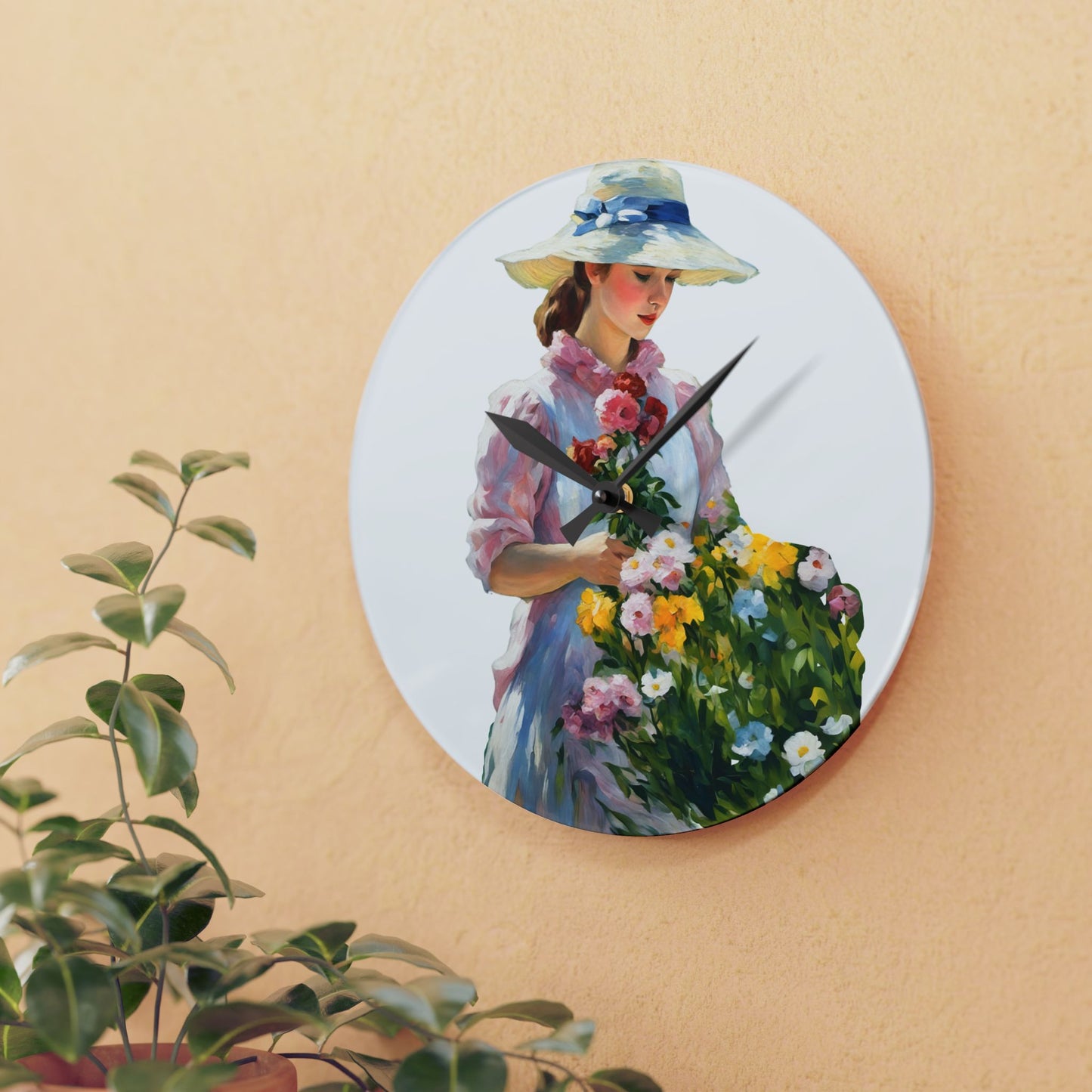 Wall Clock -  Painting of Girl with Flowers