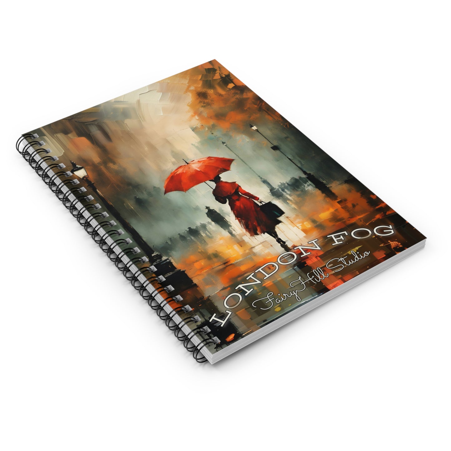 Spiral Notebook - London Fog Art Woman with Umbrella Walking in Rain