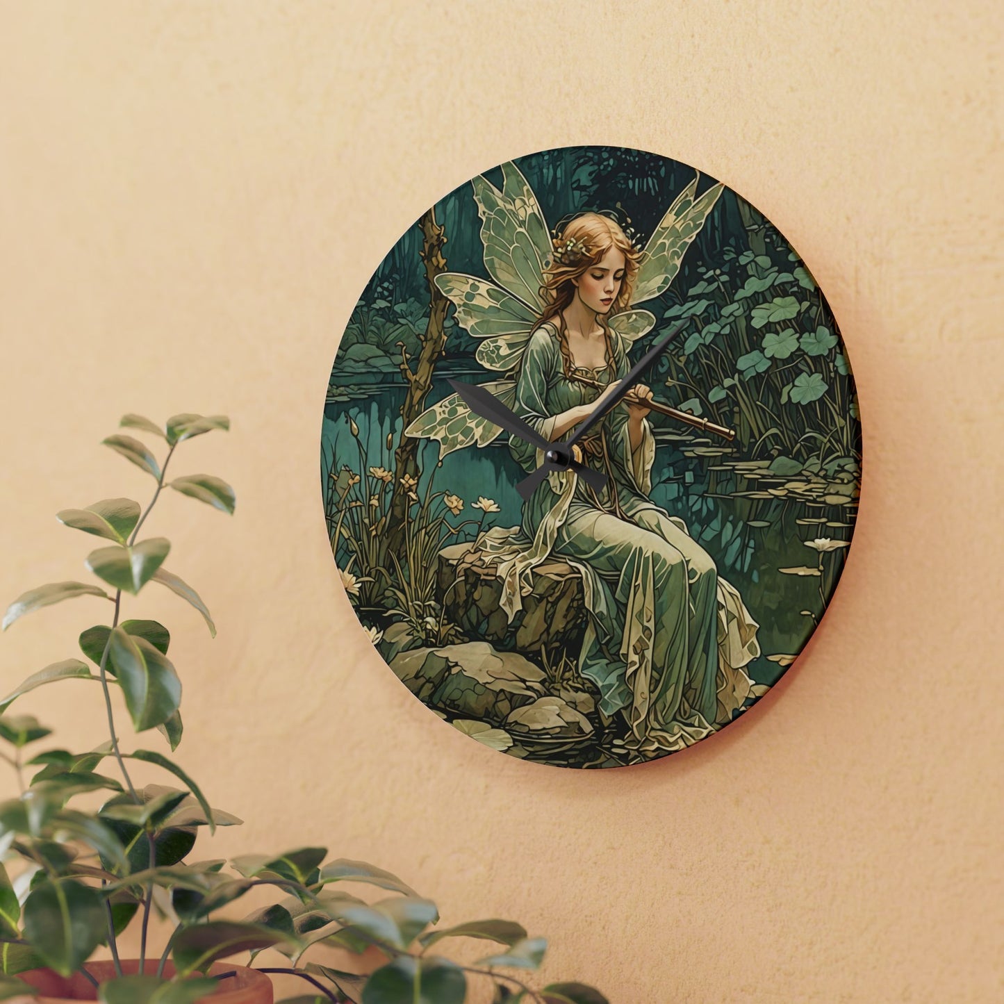 Acrylic Wall Clock - Mystical Fairy Nymph Playing Flute