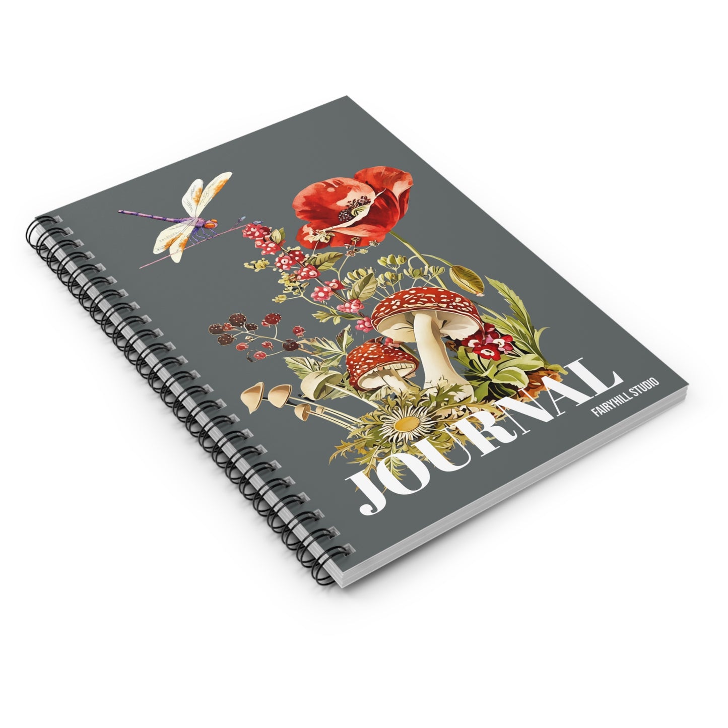 Spiral Notebook -Poppies mushrooms ,wild flowers and a Dragonfly