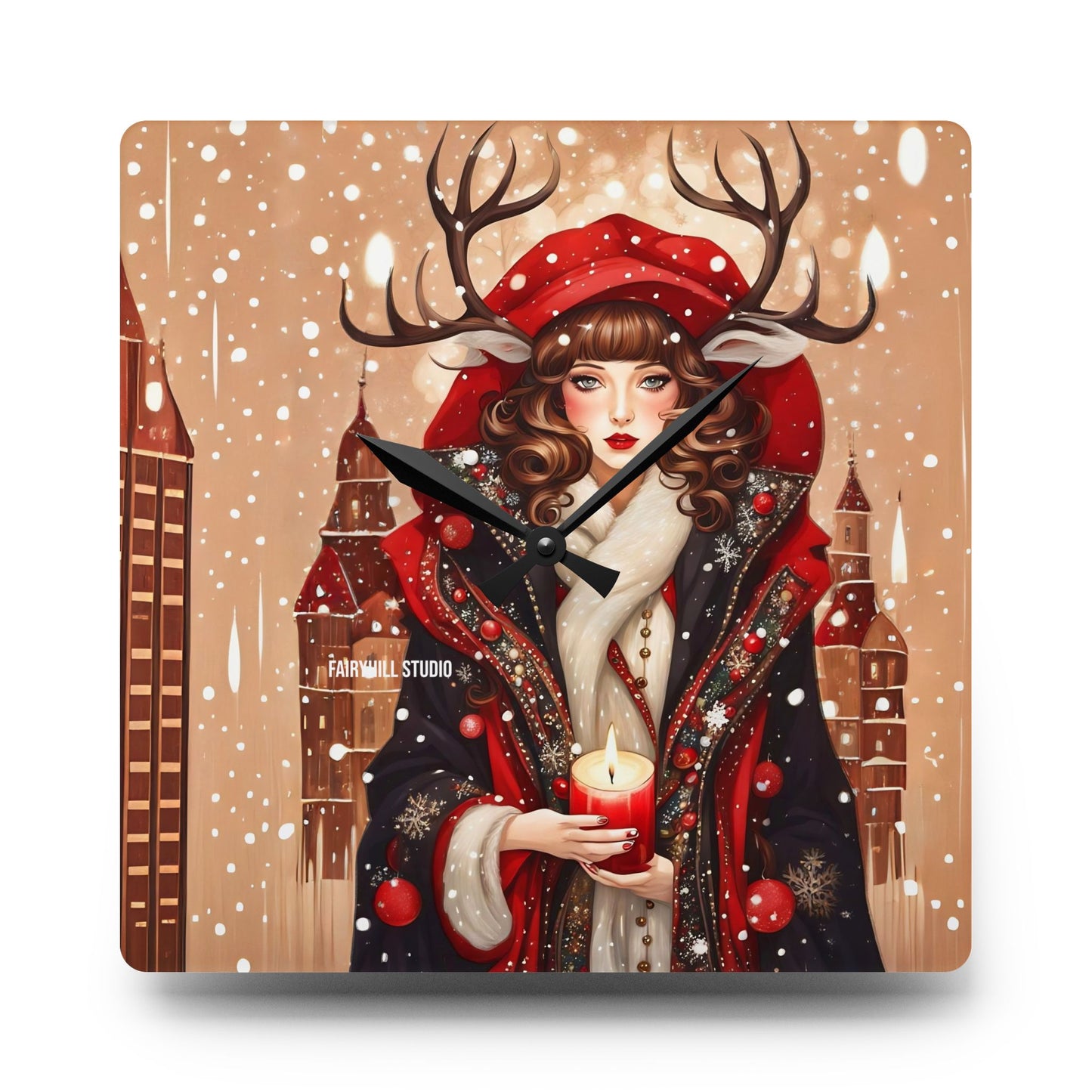 Acrylic Wall Clock -Winter Dear Girl with a Christmas Candle