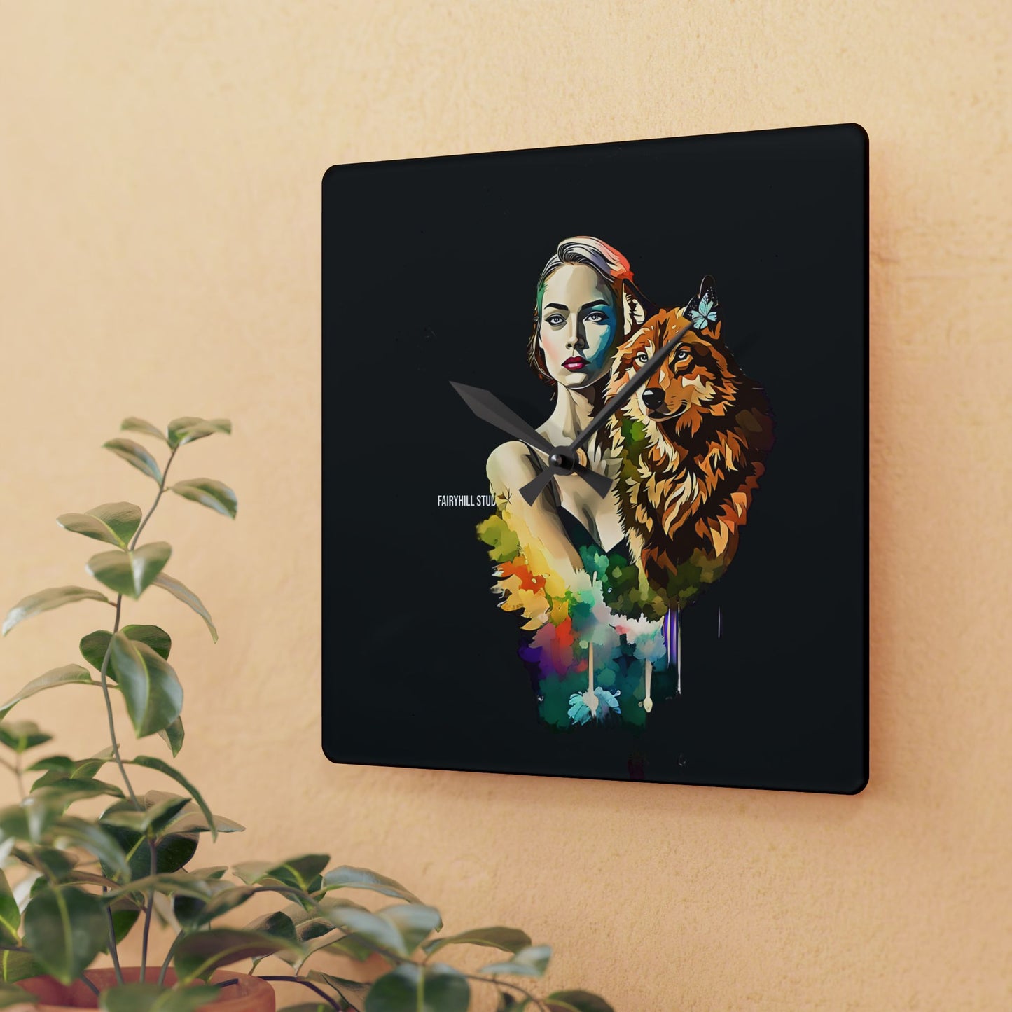 Acrylic Wall Clock -Girl with Spirit Animal Wolf/Art
