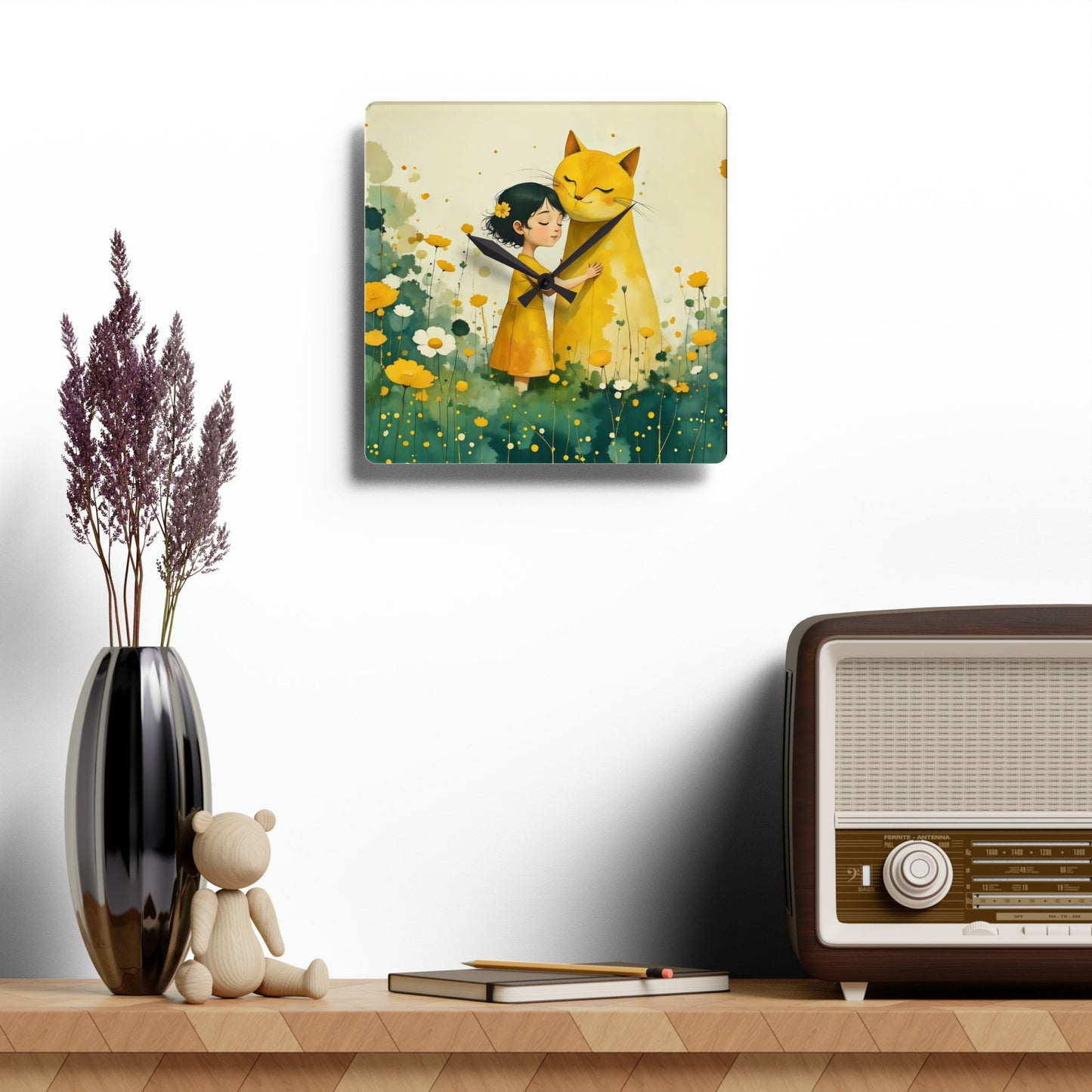 Girl with yellow cat Acrylic Wall Clock
