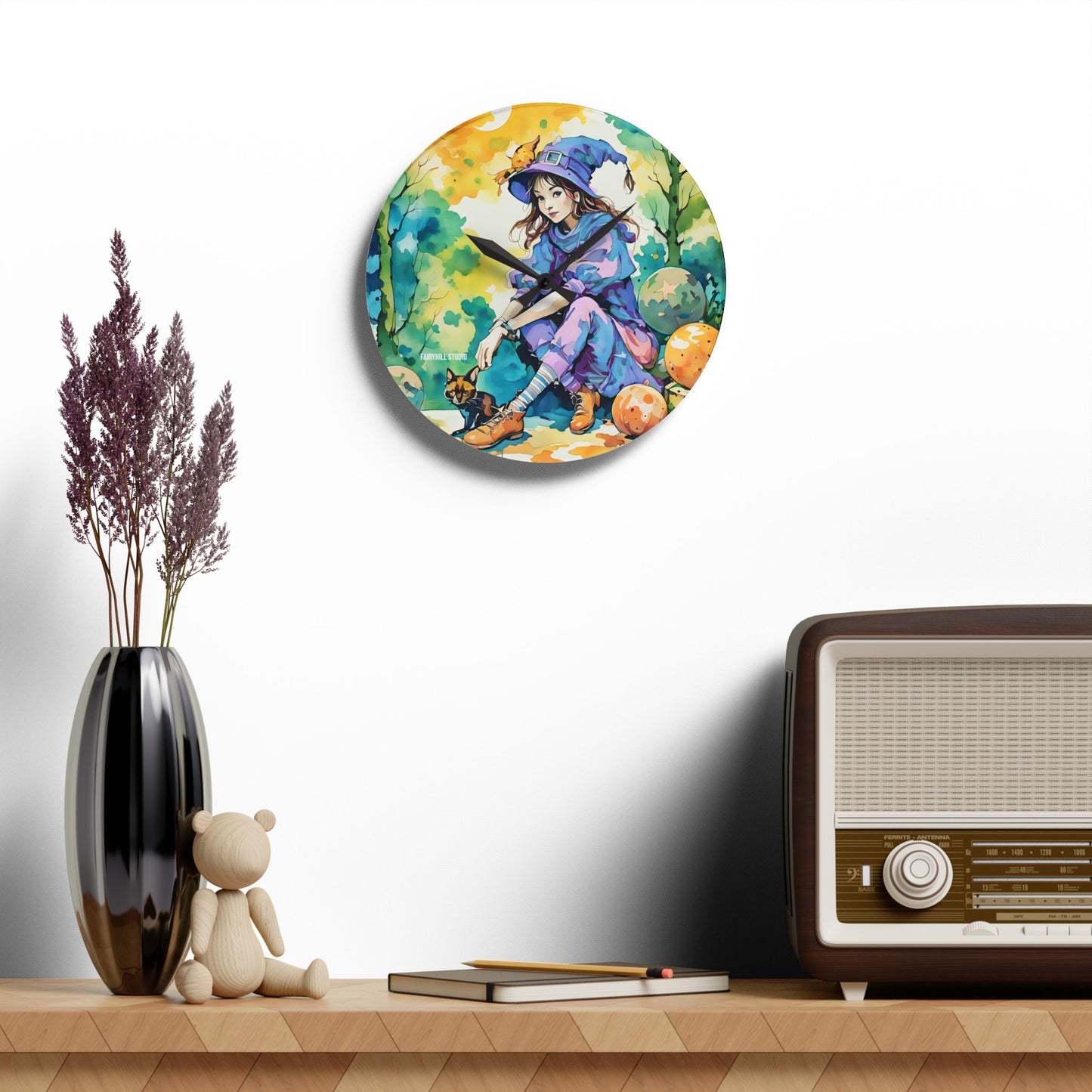 Acrylic Wall Clock -Girl with cat Art