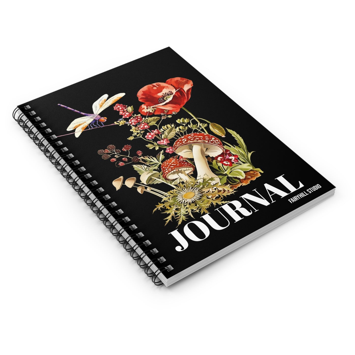 Spiral Notebook -Poppies mushrooms ,wild flowers and a Dragonfly