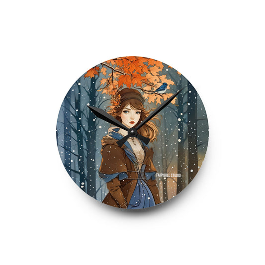 Acrylic Wall Clock - Blue Bird and Girl in Winter Clothing - Autumn to Winter Snow Theme