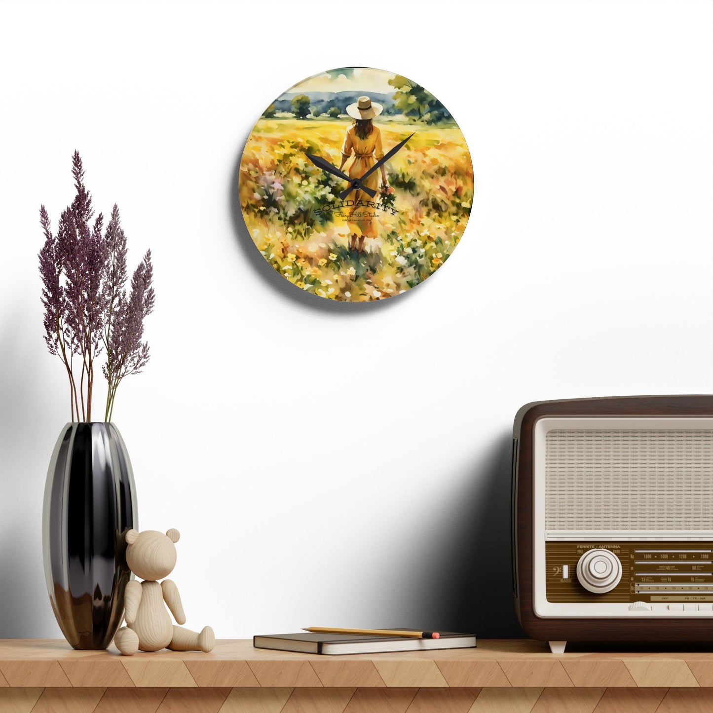 Acrylic Wall Clock - Serenity Elegant Woman in Daffodils Field Art