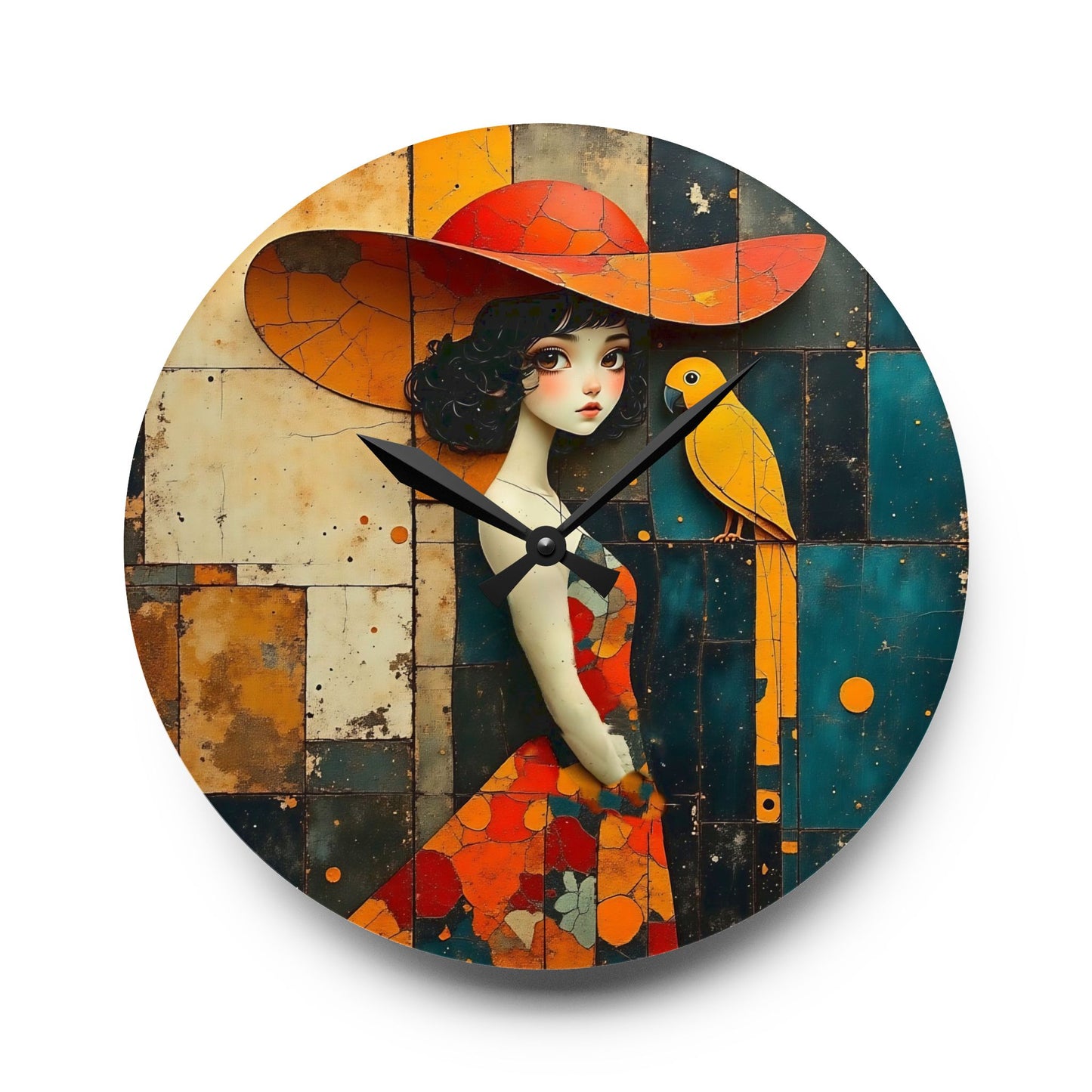 Girl with a yellow parrot Acrylic Wall Clock