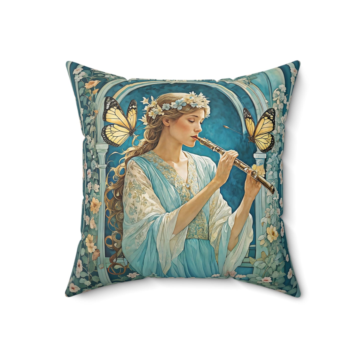 Butterfly / Flute player   Square Pillow -  by Fairyhill Studio