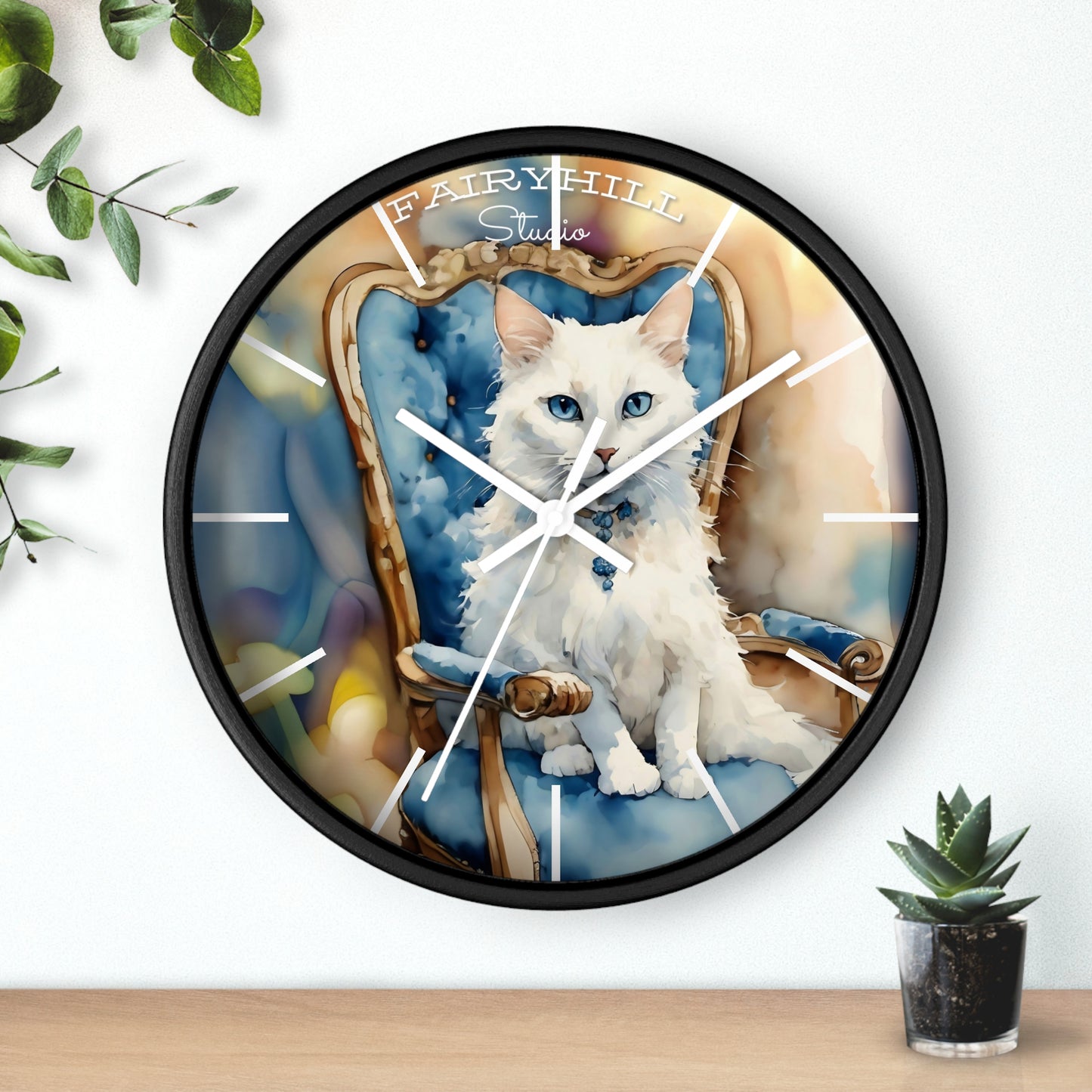 Fairy Hill Studio" White cat "  Wall Clock