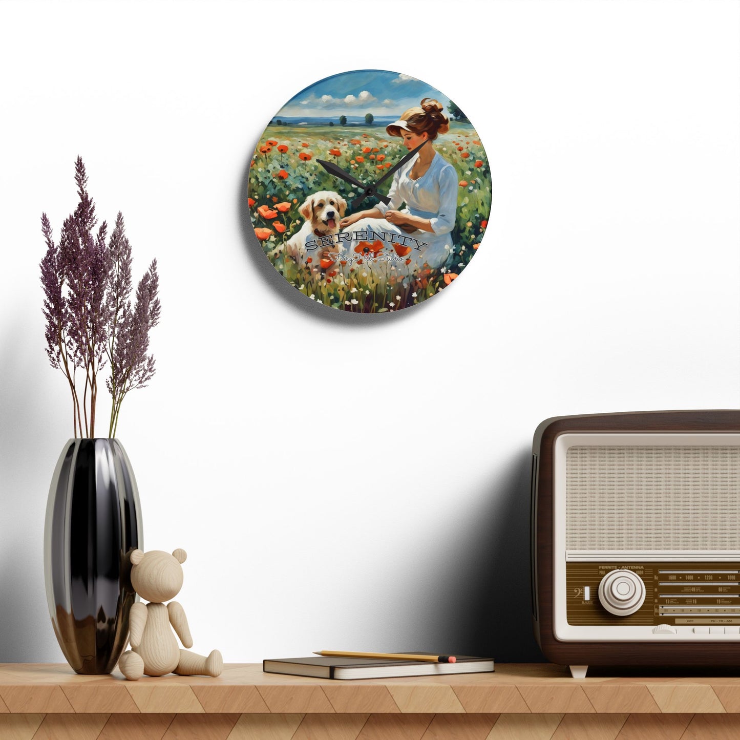 Acrylic Wall Clock Elegant Woman with Dog Sitting in Poppy Field