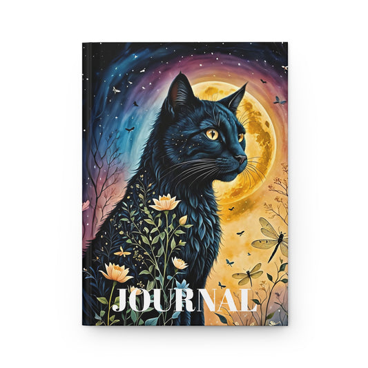 Hardcover Journal Matte - Black Cat Night Flowers Dragonflies Beautiful Art