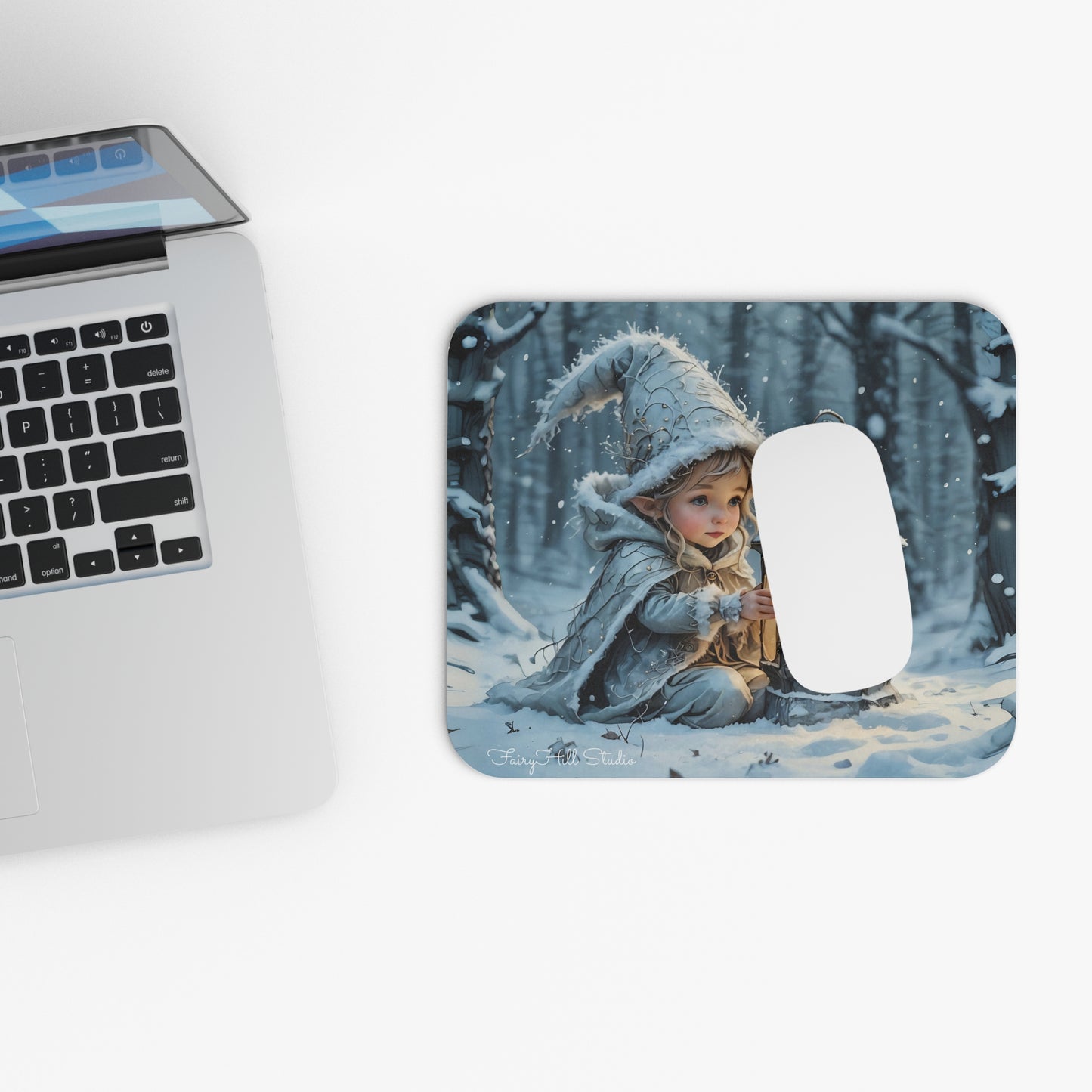 Mouse Pad - Cute Elf with Lantern in Winter Snow FairyHill Studio Art