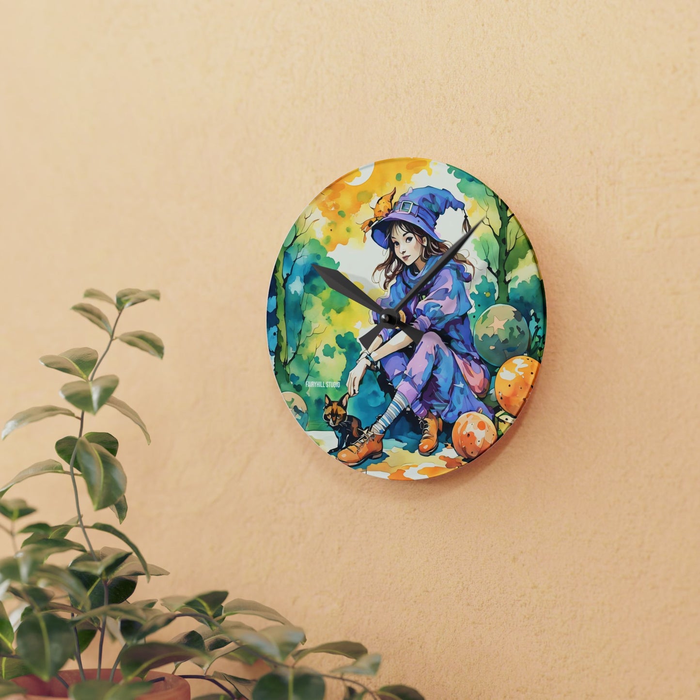 Acrylic Wall Clock -Girl with cat Art