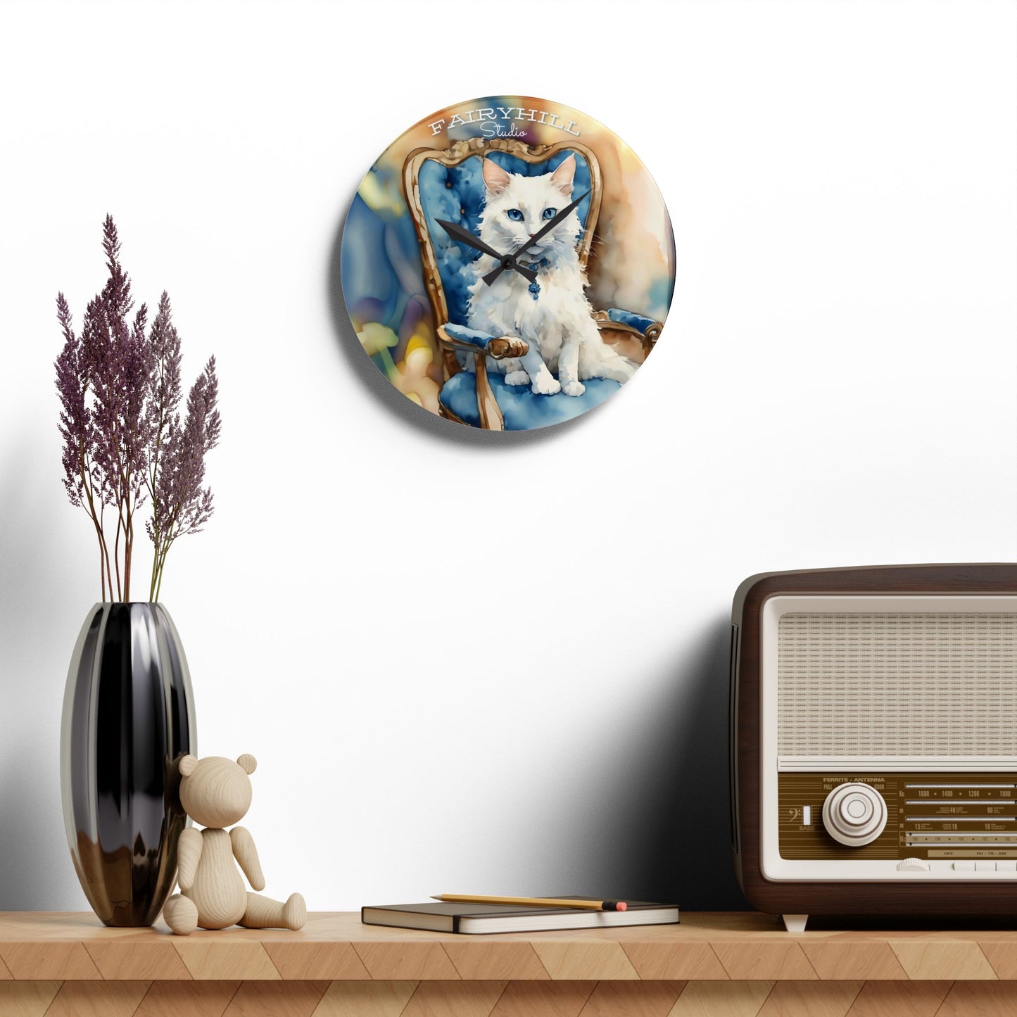 Acrylic Wall Clock - Adorable White Cat with Blue Eyes - Cat Lovers Art by FairyHill Studio
