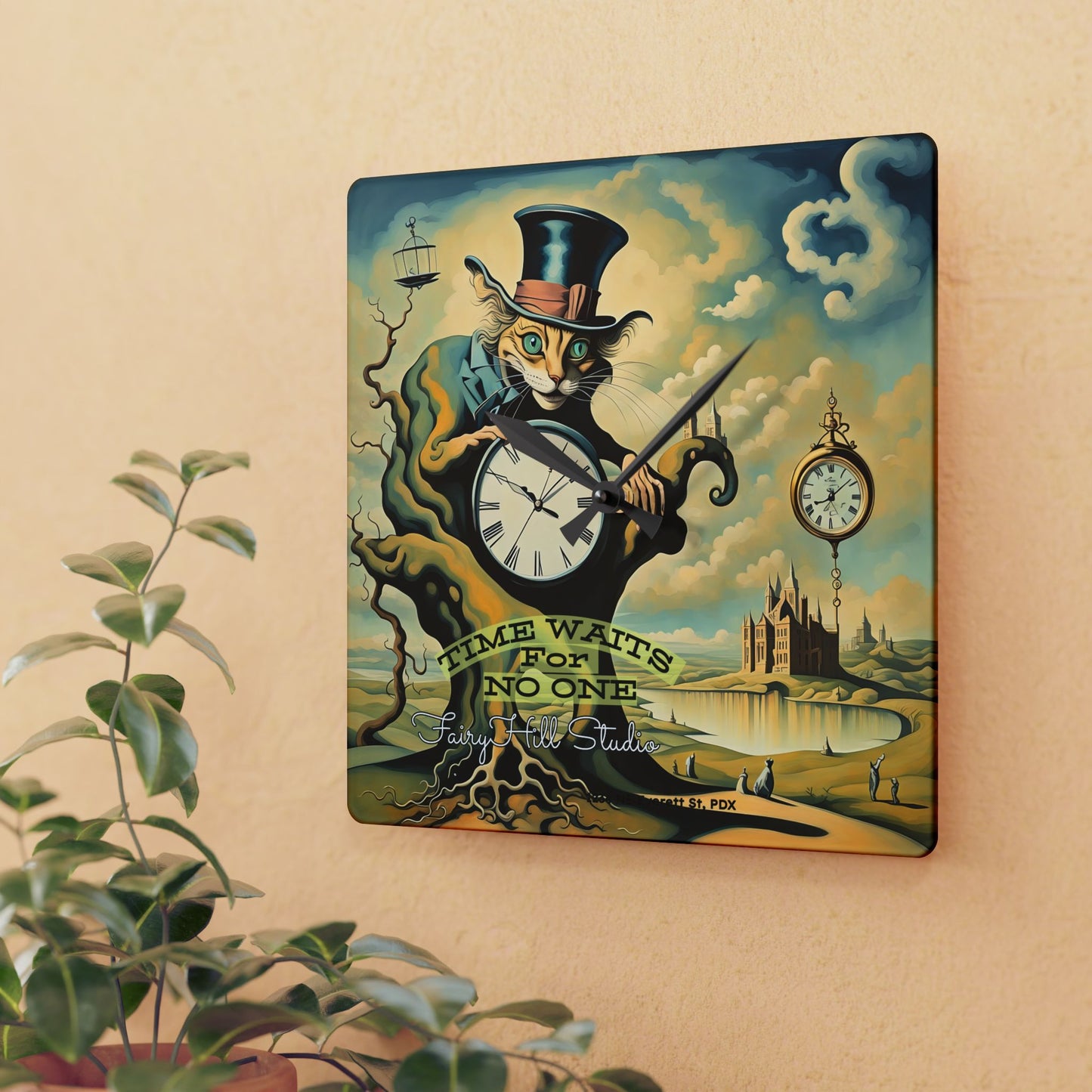 Wall Clock Mad Hatter Cat Illustration