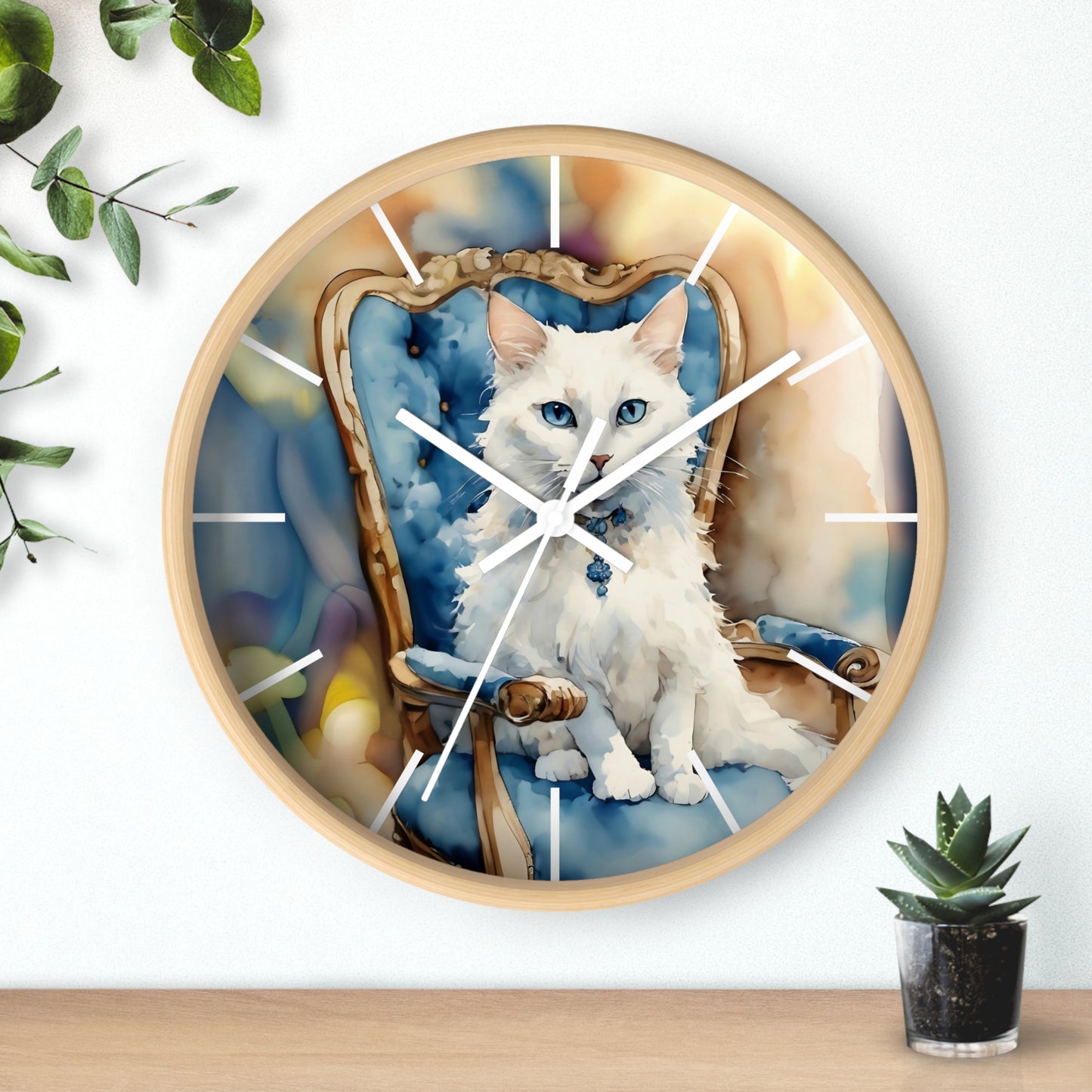 Wall Clock - White Cat with Blue Eyes Art by Fairy Hill Studio