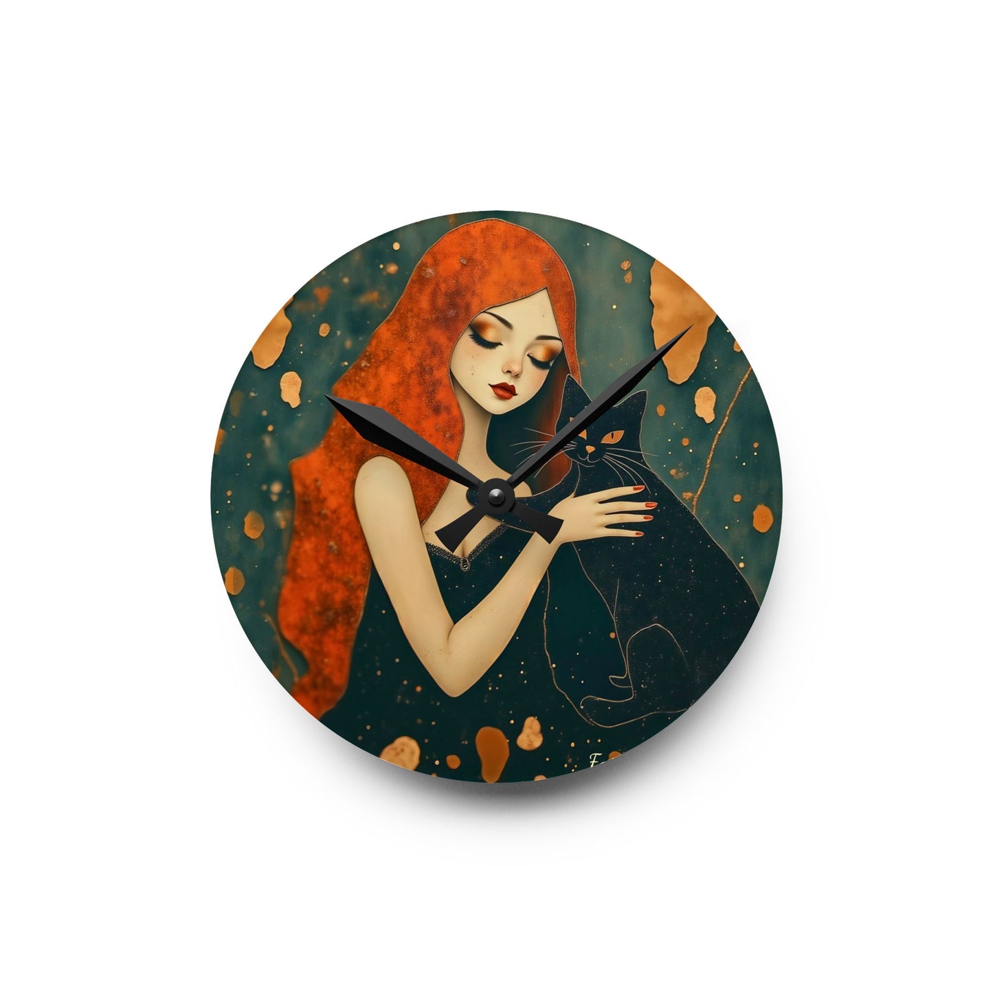 The Witching Hour Hug ,Girl with black cat   Wall clock  Gift   Acrylic Wall Clock
