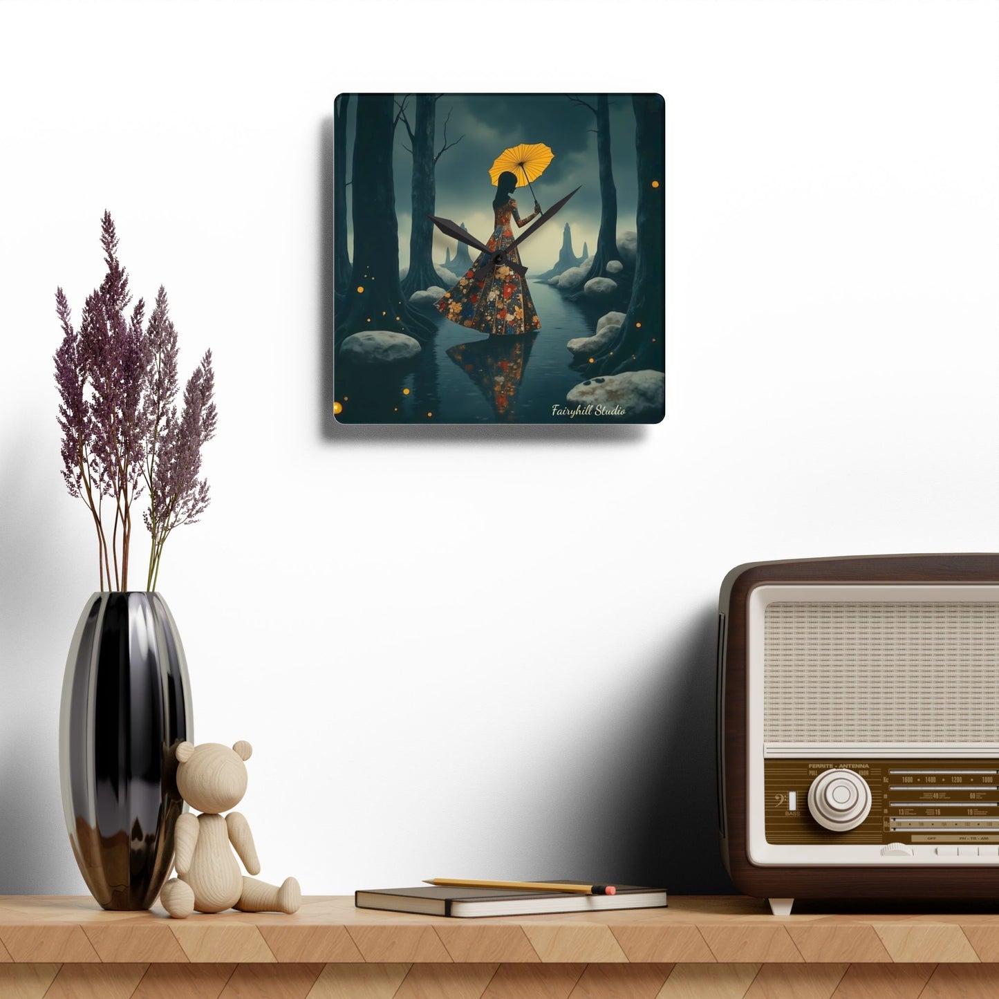 Yellow umbrella - by Fairyhill Studio  Wall clock  Gift   Acrylic Wall Clock
