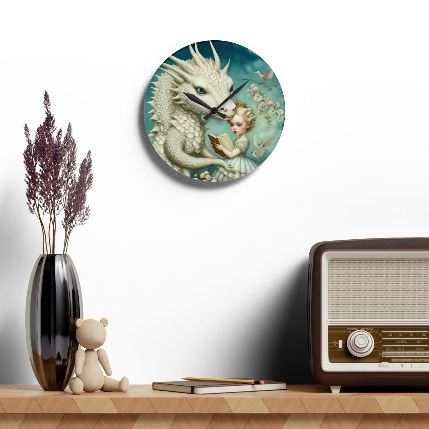 Acrylic Wall Clock Girl with a White Dragon Art