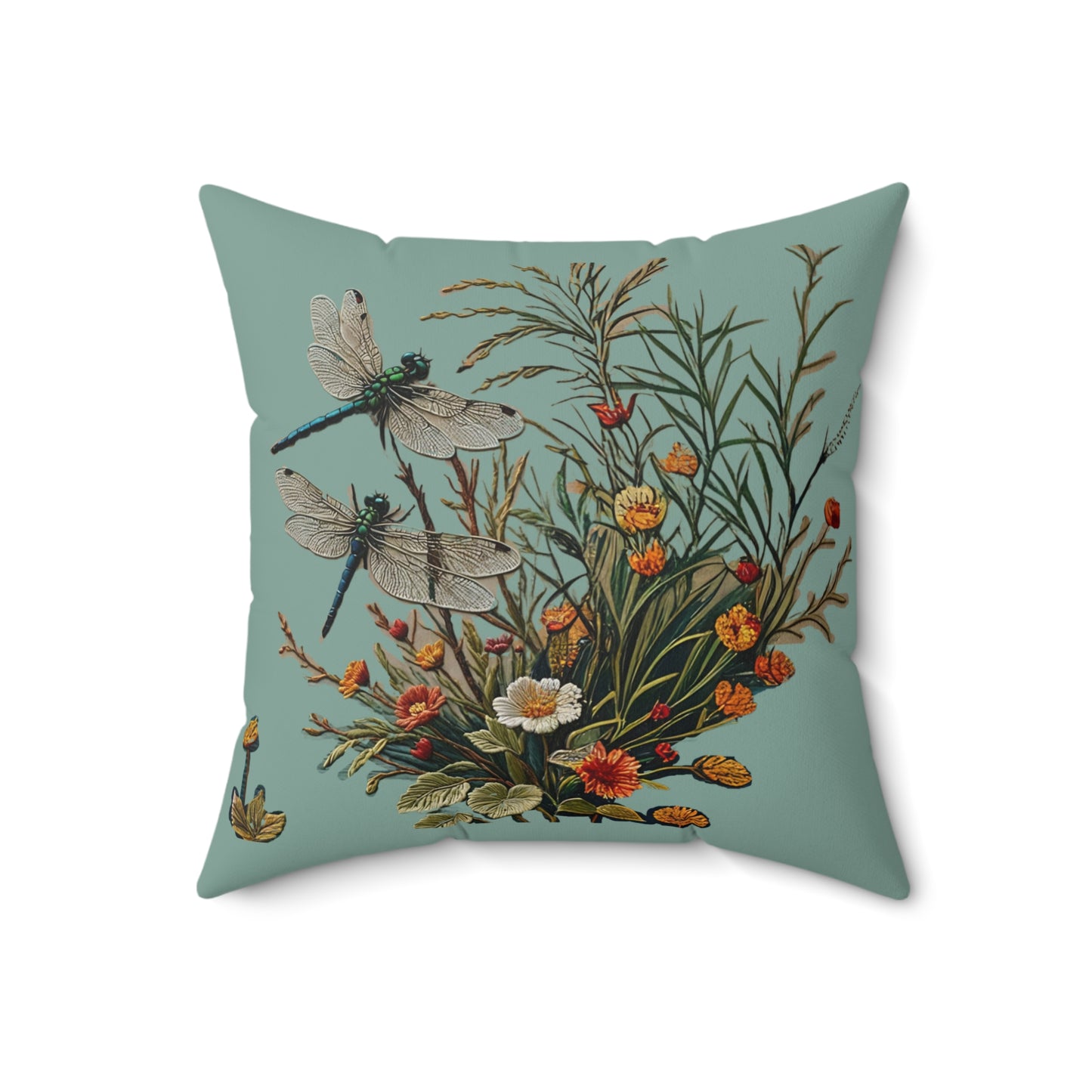 Square Pillow - Dragonflies on a Blue Pond with flowers Art by Fairyhill Studio