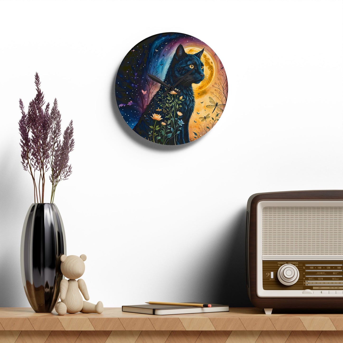 Acrylic Wall Clock - Black Cat Night Flowers Dragonflies Beautiful Art