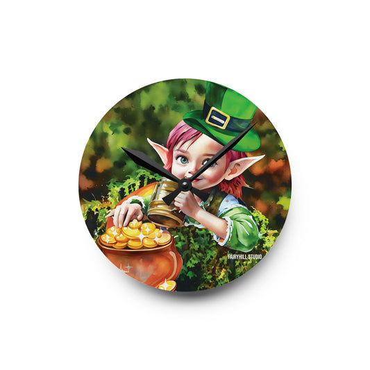 Acrylic Wall Clock Irish Elf with pot of gold/Art