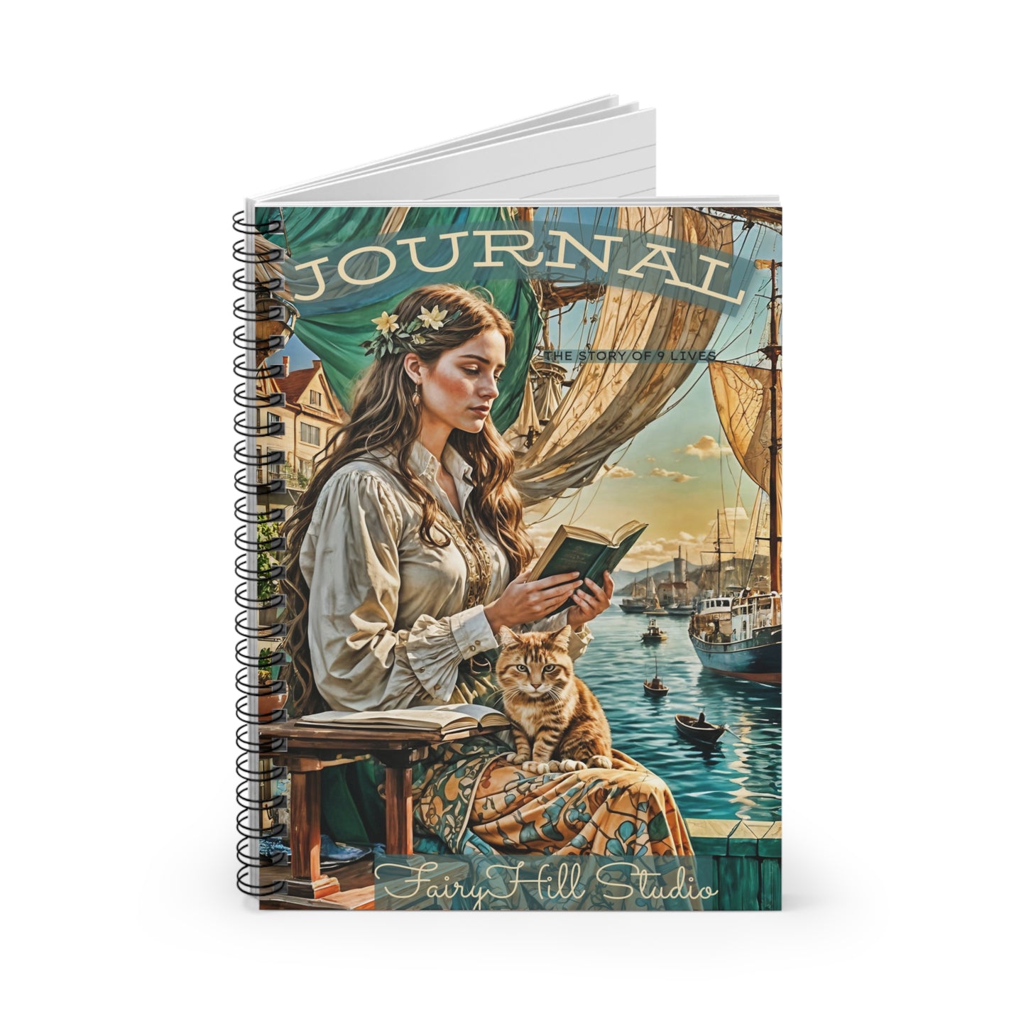 Spiral Notebook - Woman and Cat Reading by Ship Harbor