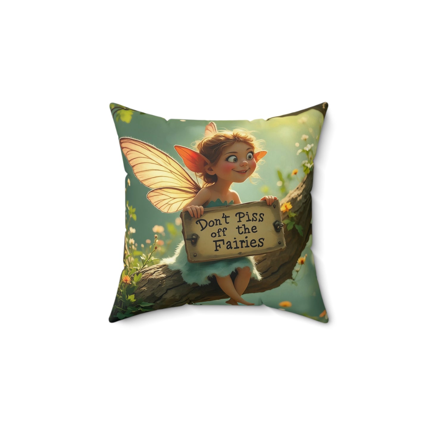 Square Pillow - "Don't Piss Off the Fairies"  Fairy Art Quote  by Fairyhill Studio