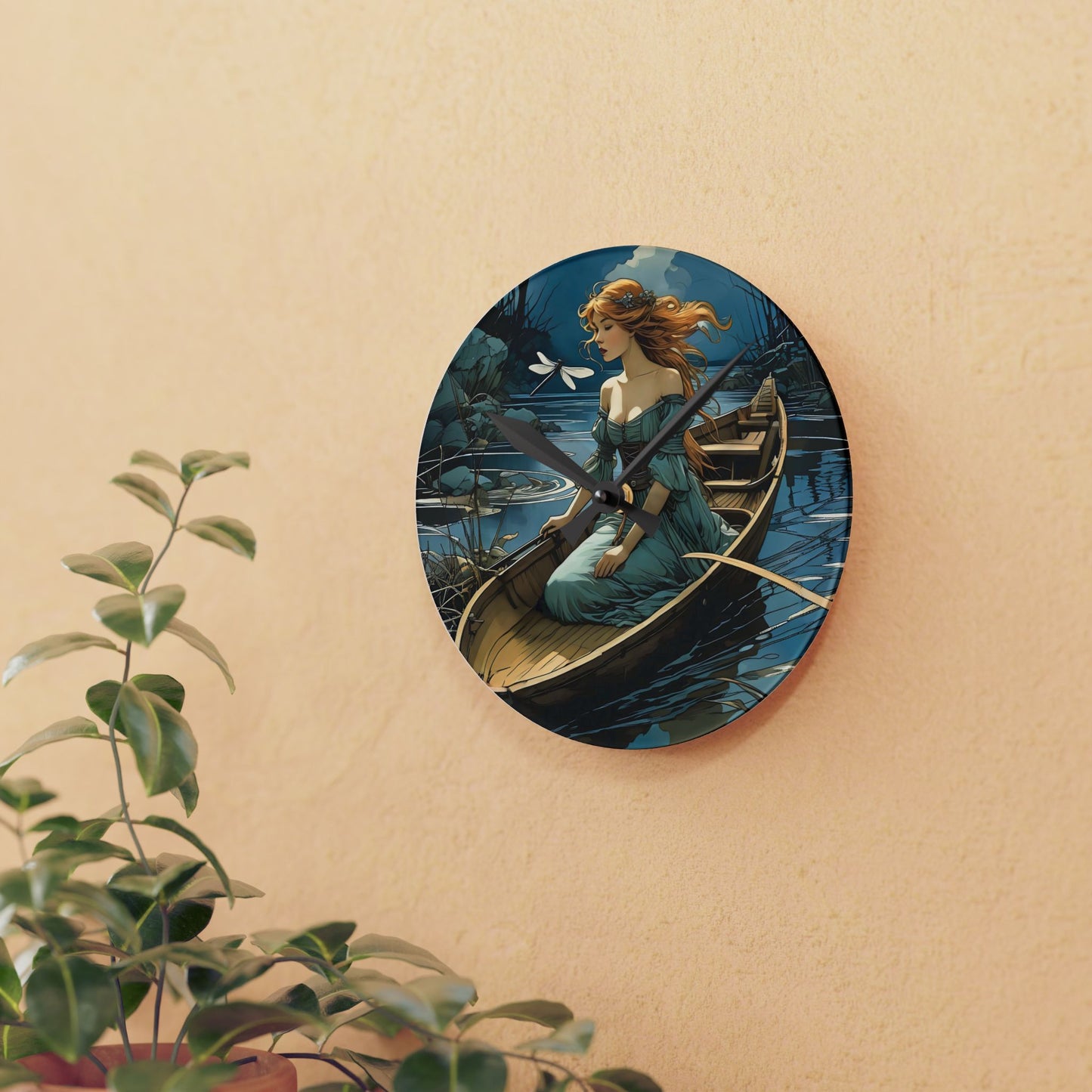Acrylic Wall Clock Woman in a boat with a Dragonfly