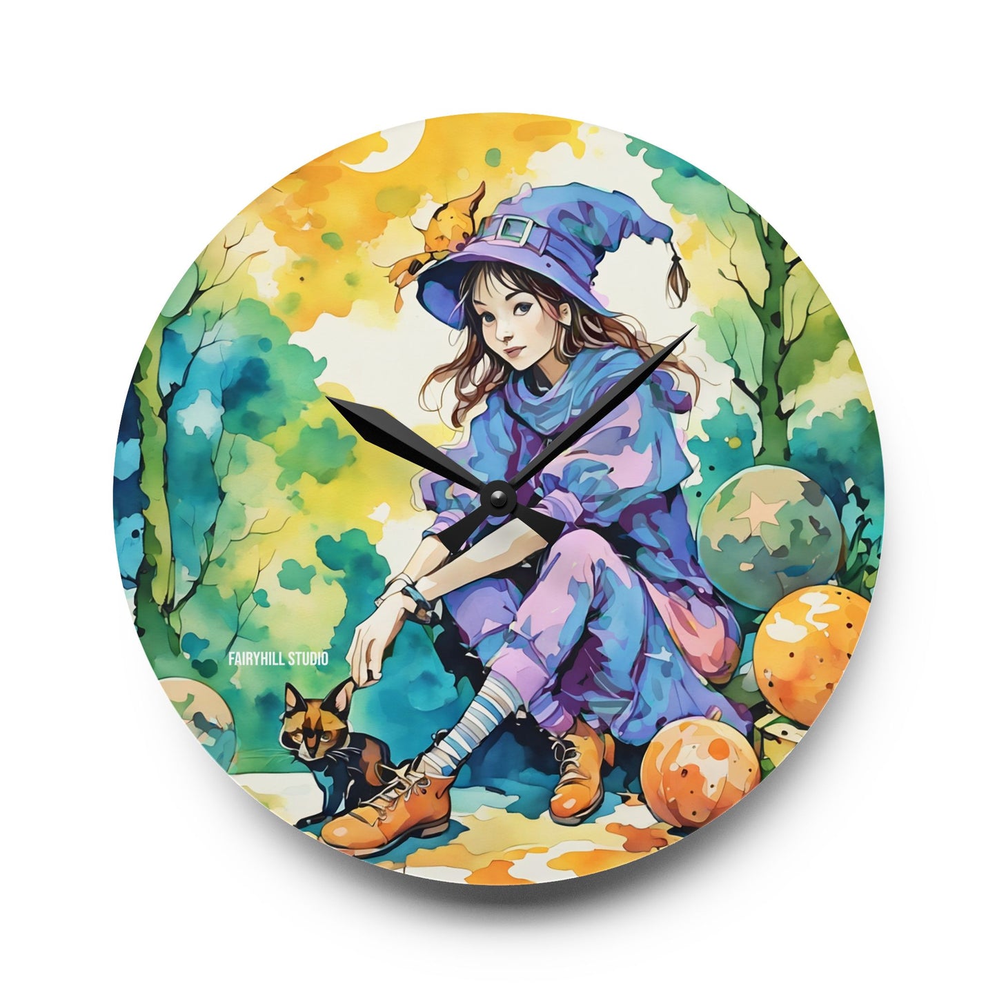 Acrylic Wall Clock -Girl with cat Art