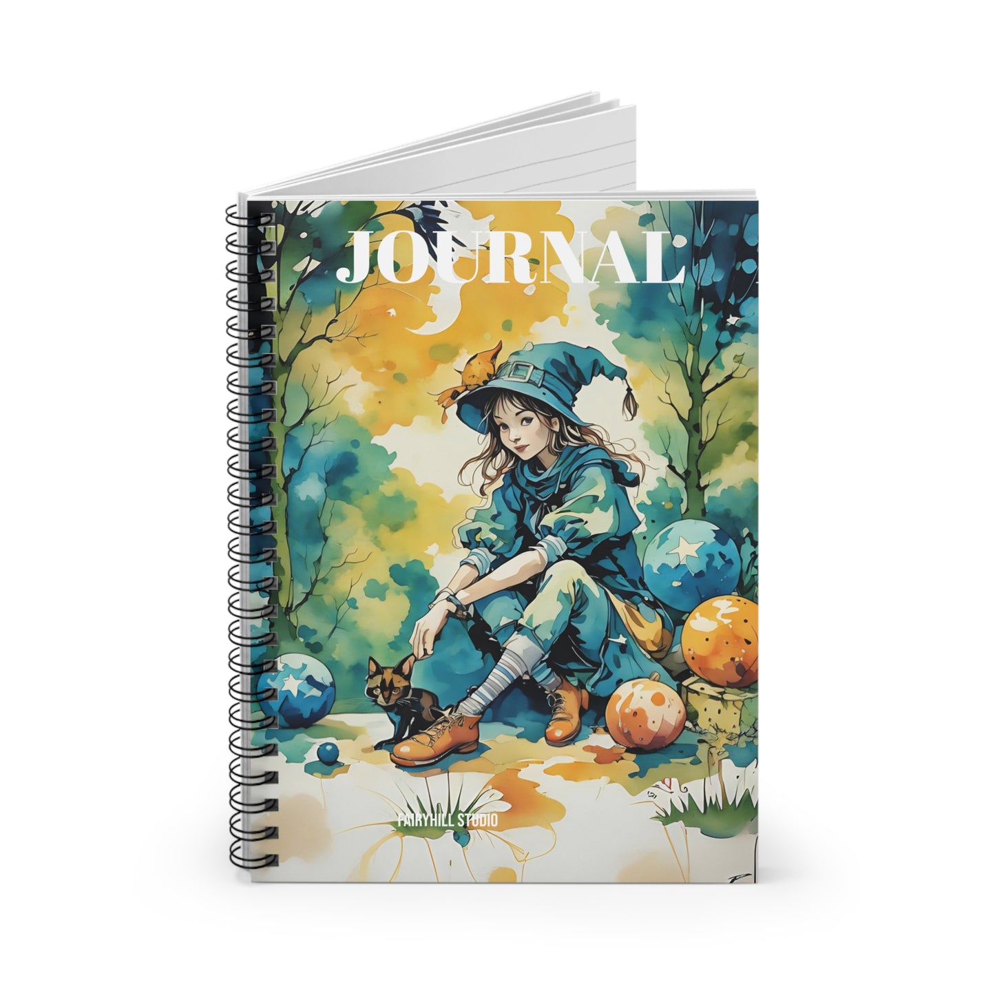 Spiral Notebook -A girl with cat Halloween Art  Ruled Line
