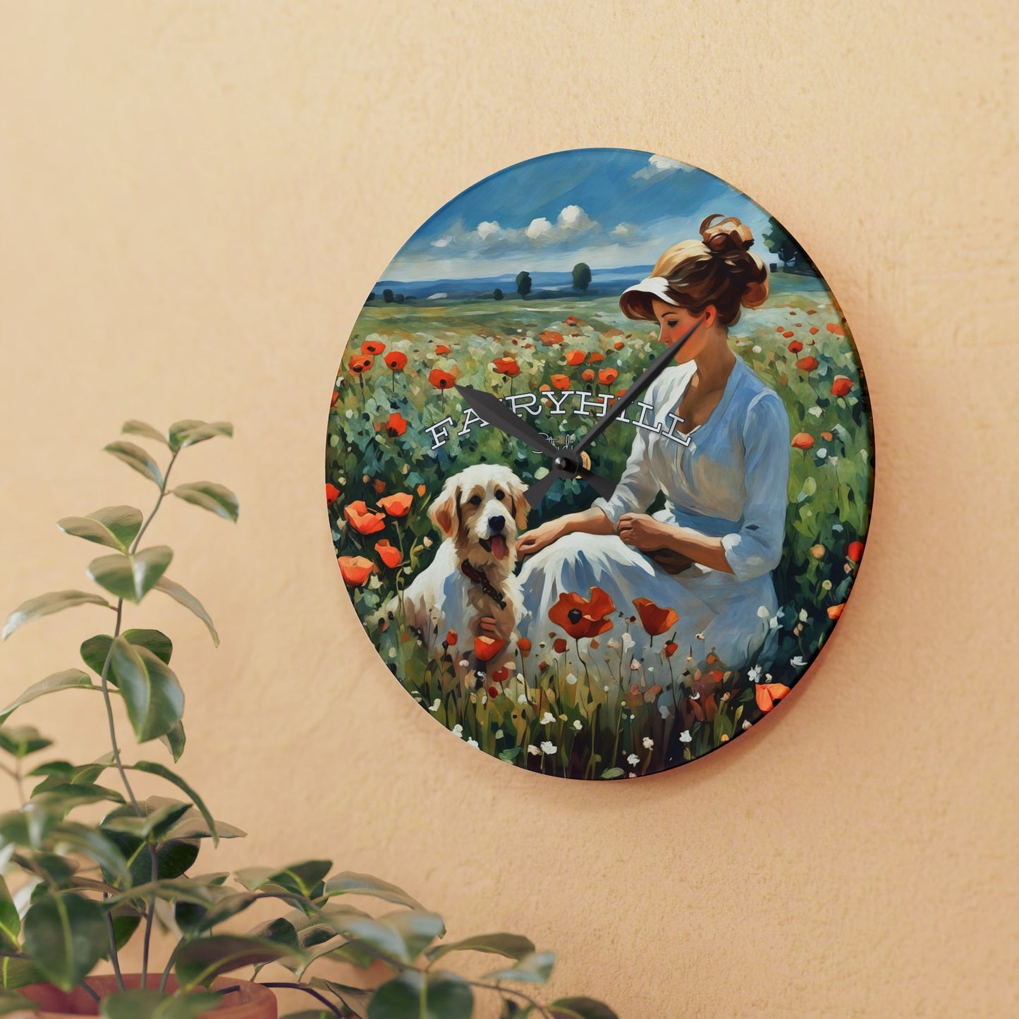 Acrylic Wall Clock - Lady with Dog in Flower Field Art by Fairyhill Studio