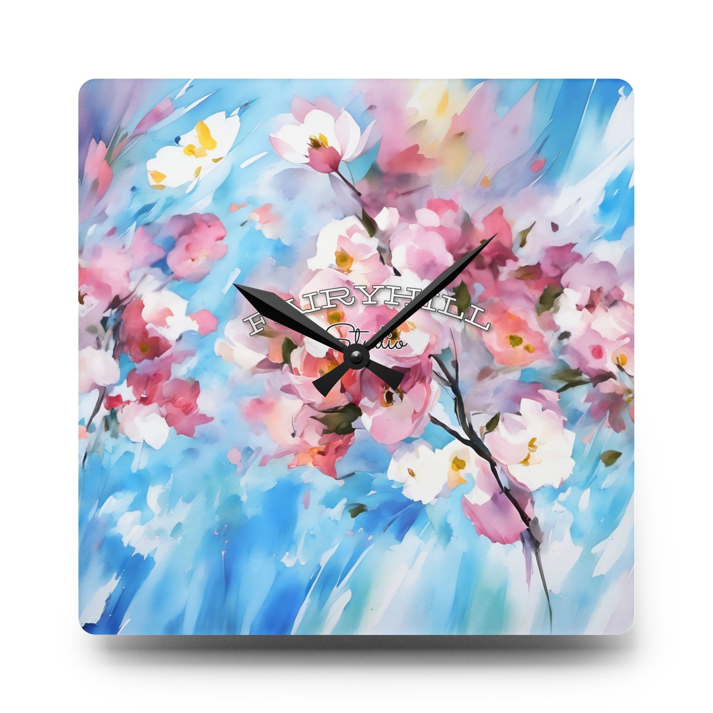 Wall Clock - Cherry Flowers Pink and White on Sky Blue Background by Fairyhill Studio