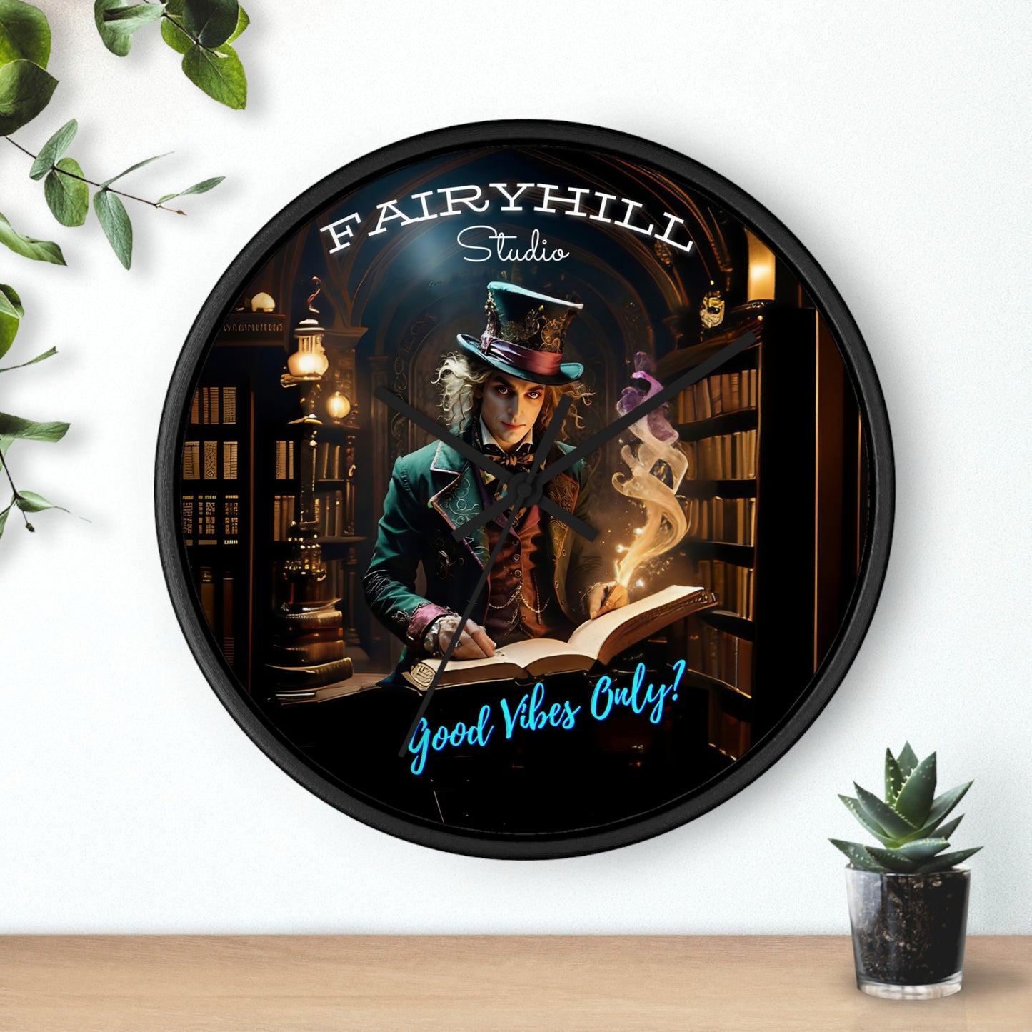 Wall Clock - Good Vibes Only Magician Mad Hatter Harry Potter Style Library Art