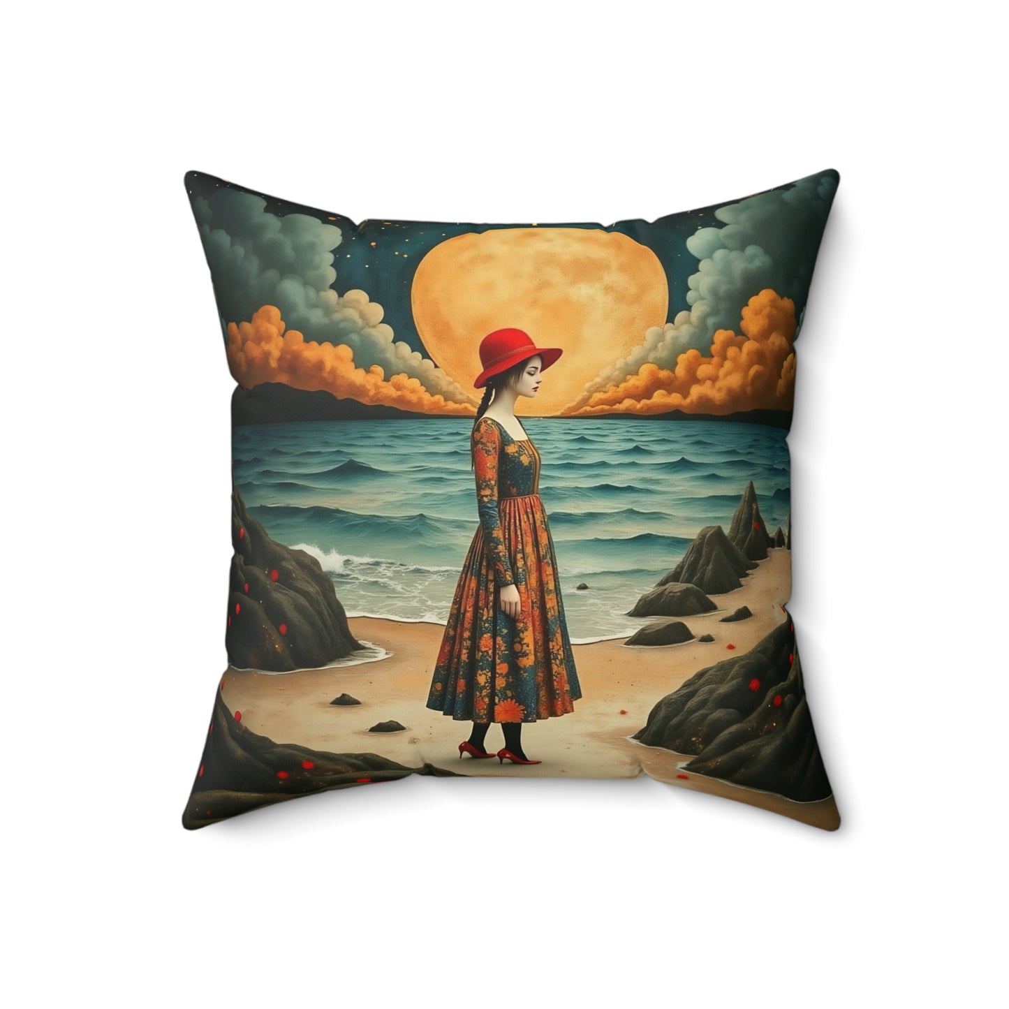 Moonlight  girl with red hat  Square Pillow - by Fairyhill Studio