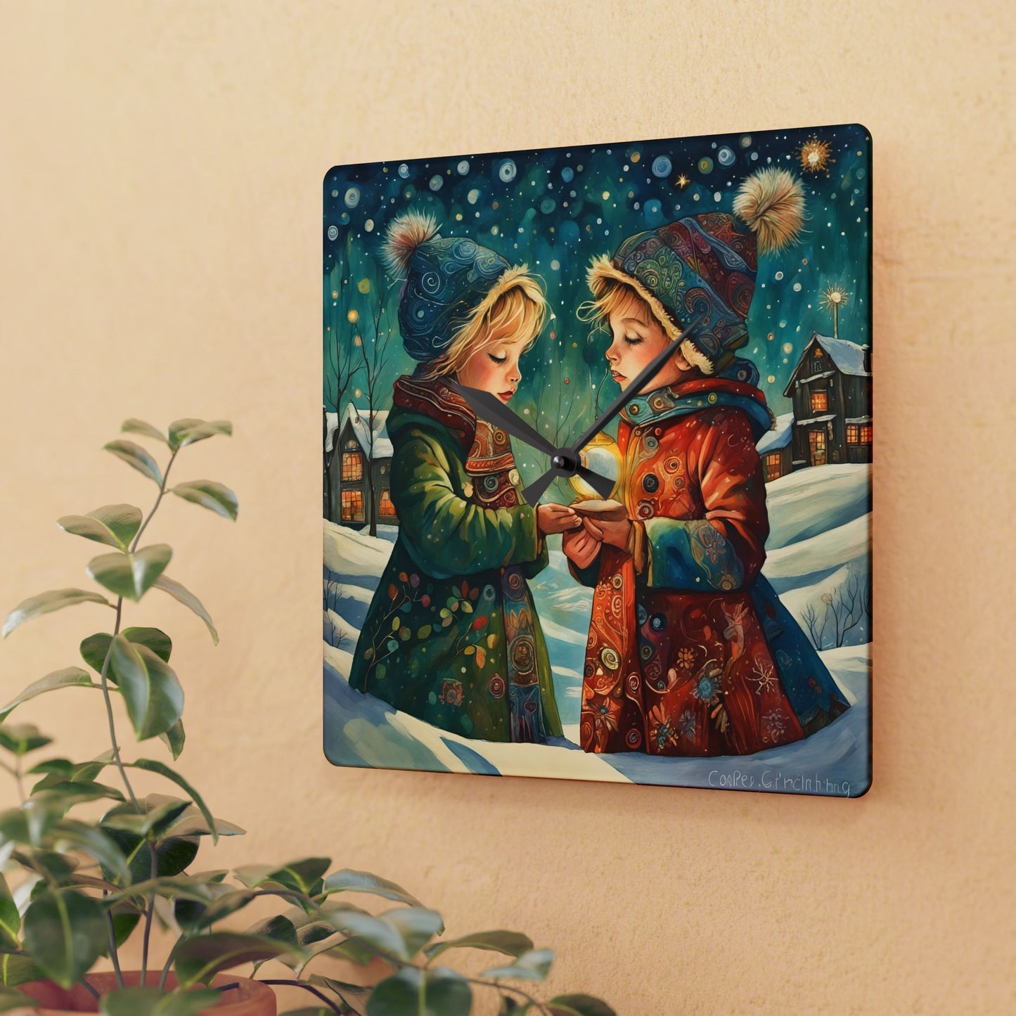Christmas Acrylic Wall Clock - Art with 2 Children in Snow by Fairyhill Studio