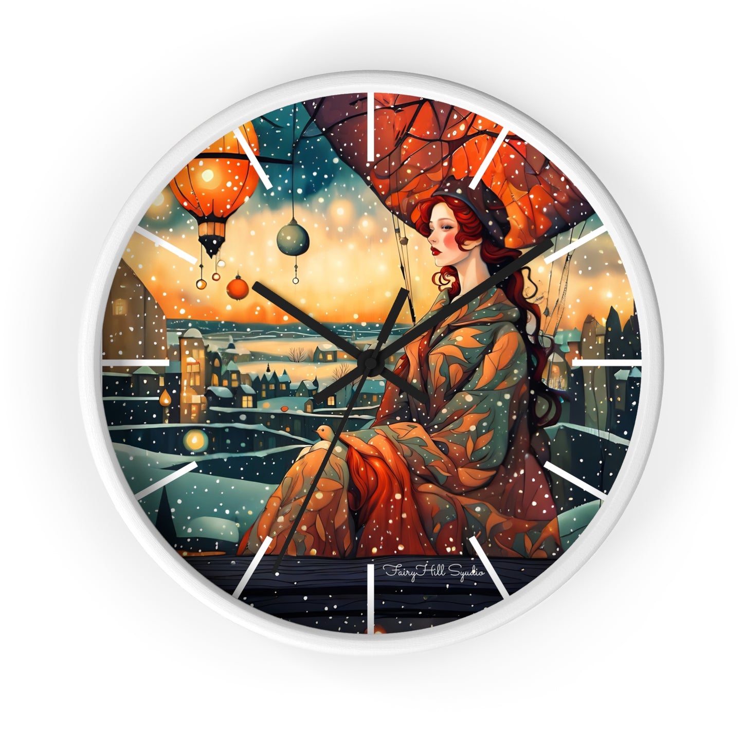 Whimsical City snow Wall Clock, Boho Home Decor, Cat Lover Gift, Cozy Living Room Accessory, Unique Cat Artwork