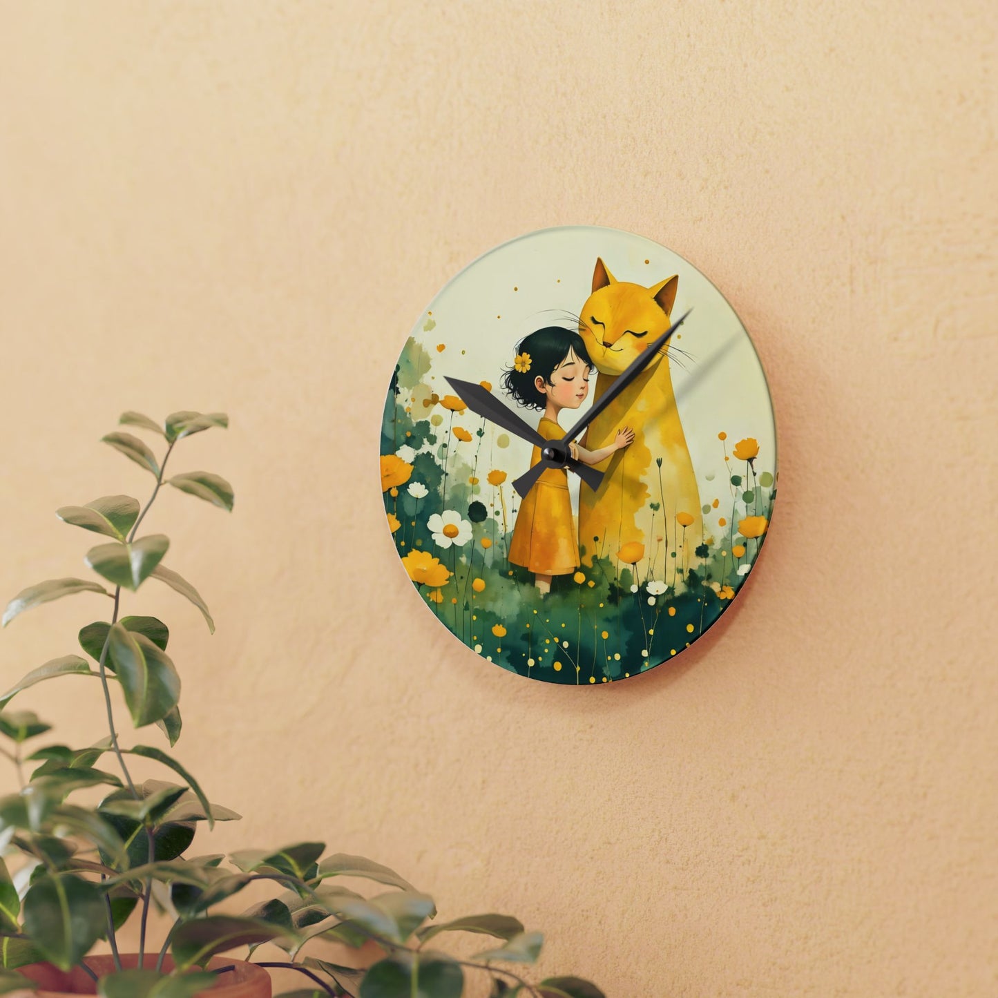 Girl with yellow cat Acrylic Wall Clock
