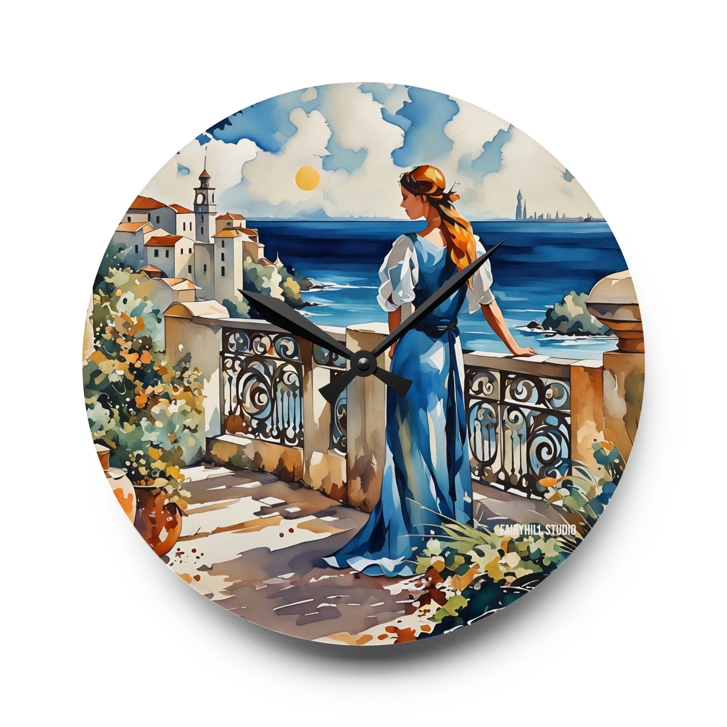 Acrylic Wall Clock - Mediterranean Balcony Sea View Watercolor Art