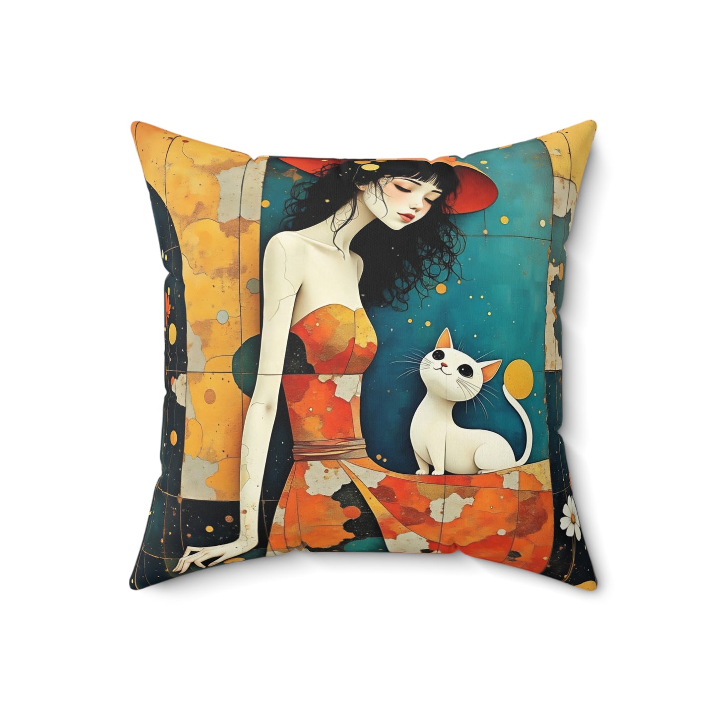 Witch with white  cat  Square Pillow - by Fairyhill Studio