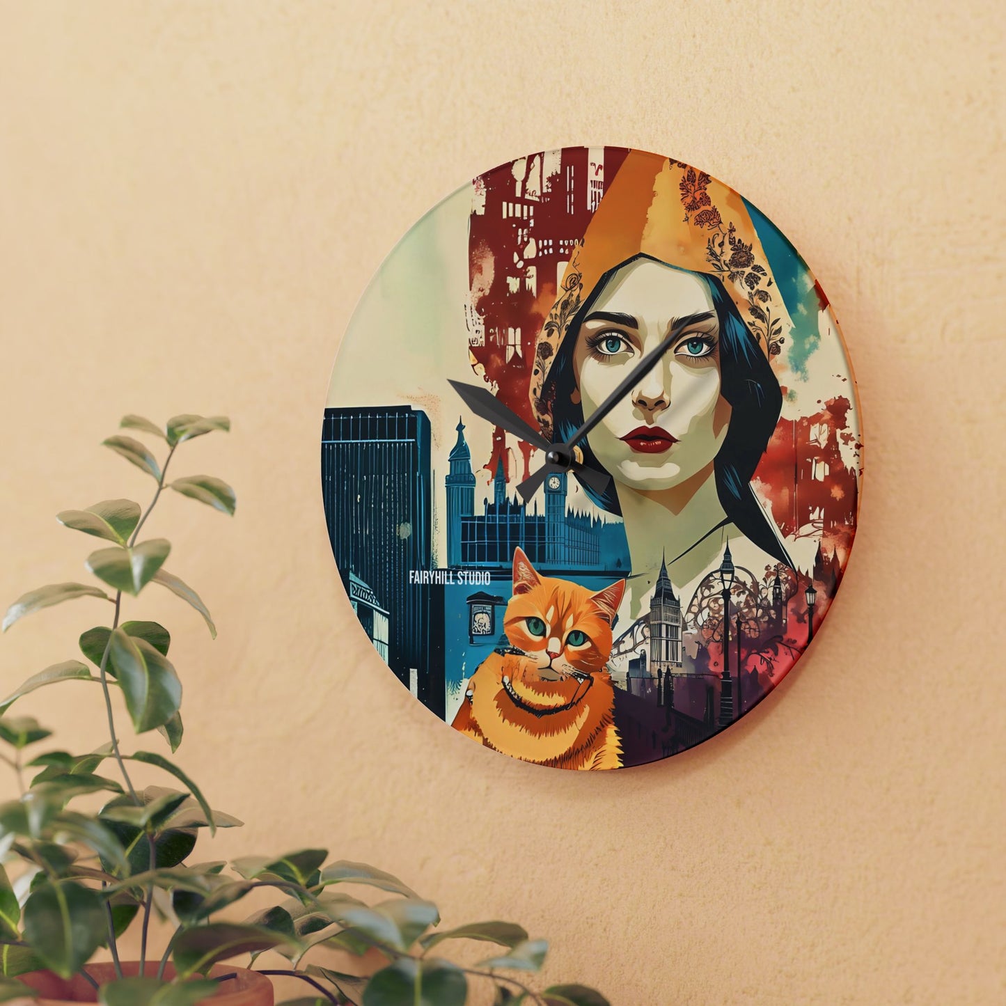 Acrylic Wall Clock - Yellow cat in London /Art