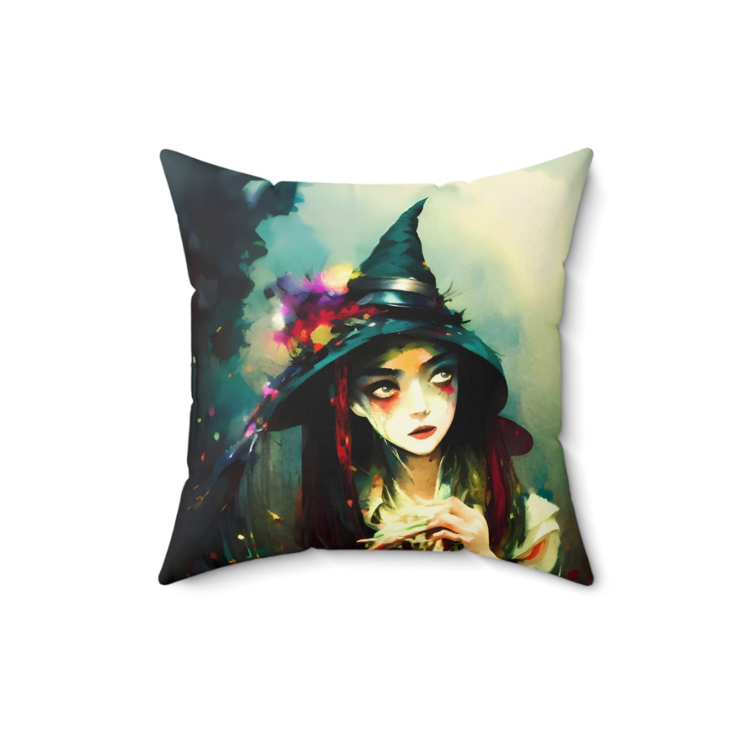 Square Pillow - Colorful Halloween Witch Pillow by Fairyhill Studio