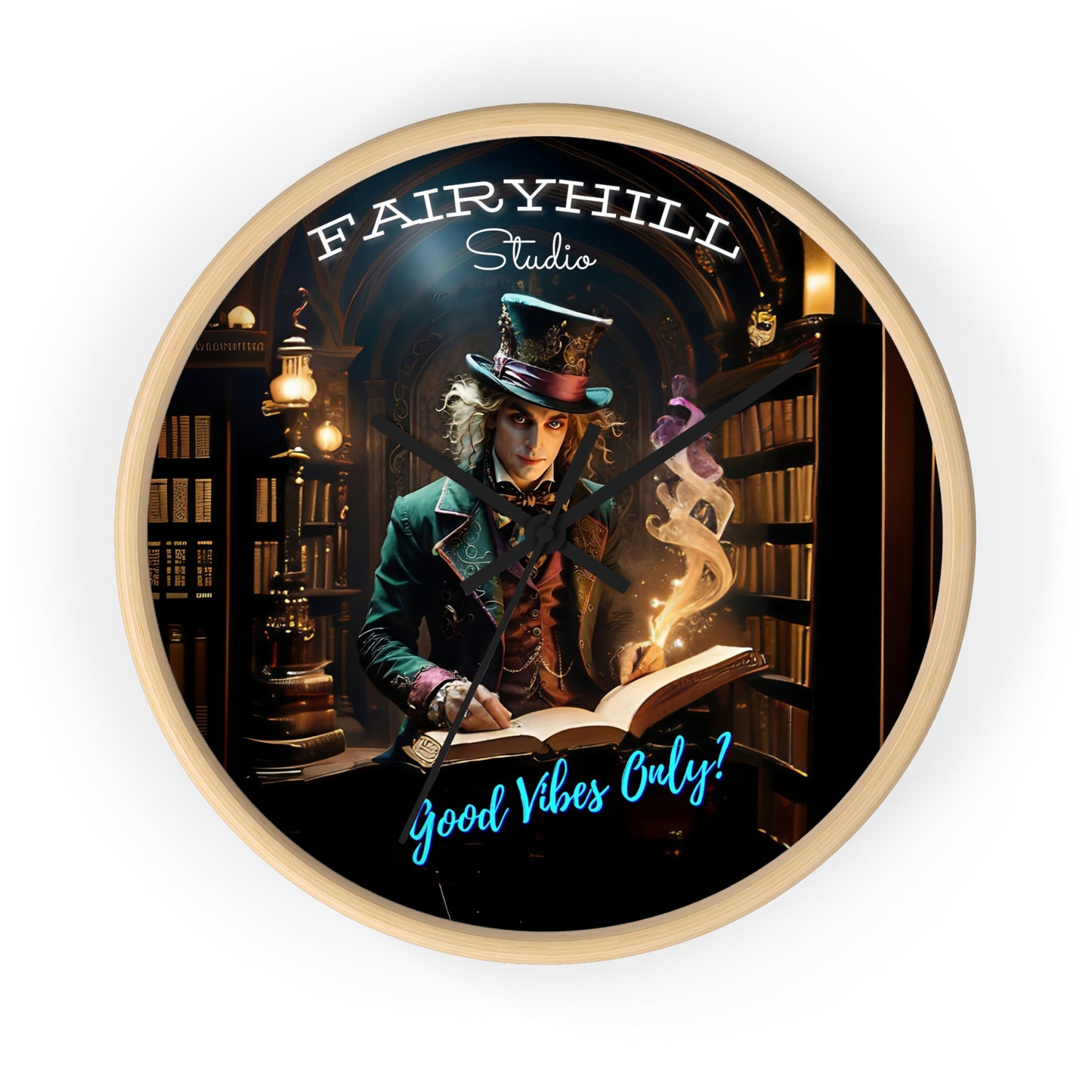 Wall Clock - Good Vibes Only Magician Mad Hatter Harry Potter Style Library Art