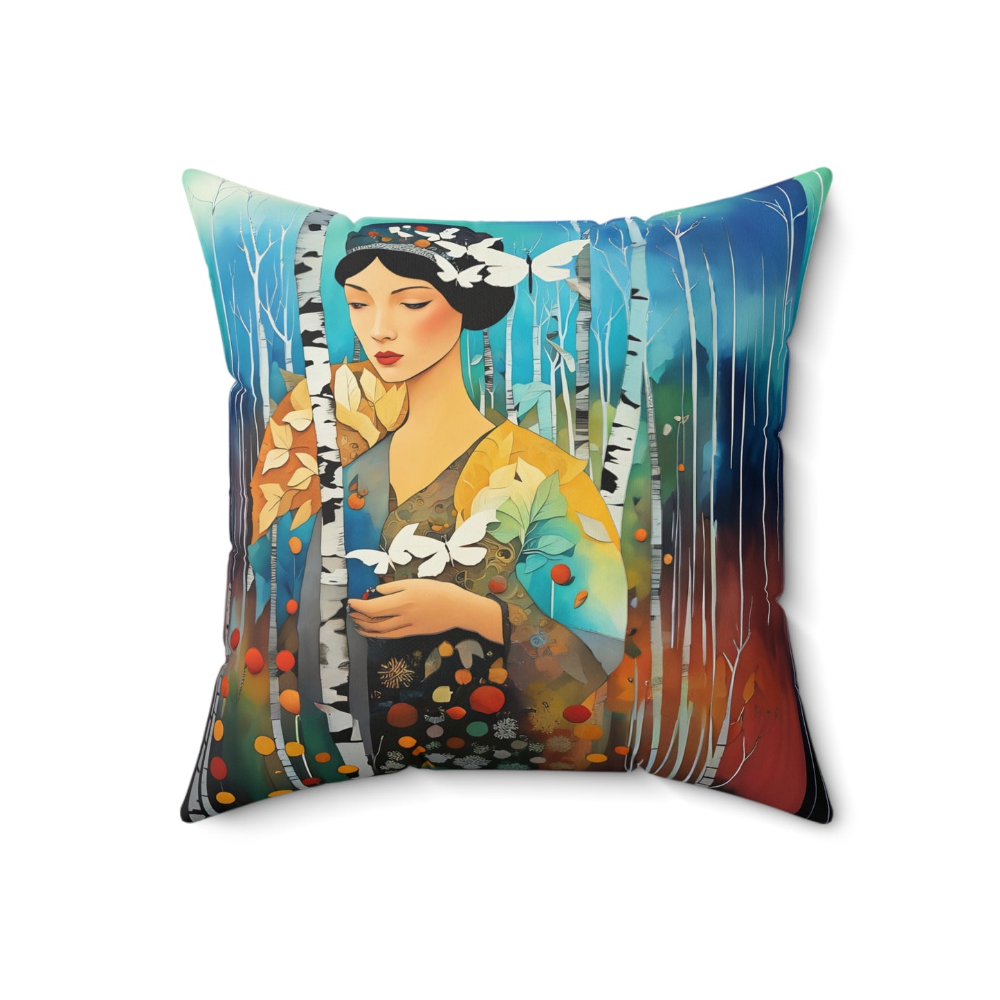 Pillow - Girl in Birch Forest with White Butterflies by Fairyhill Studio